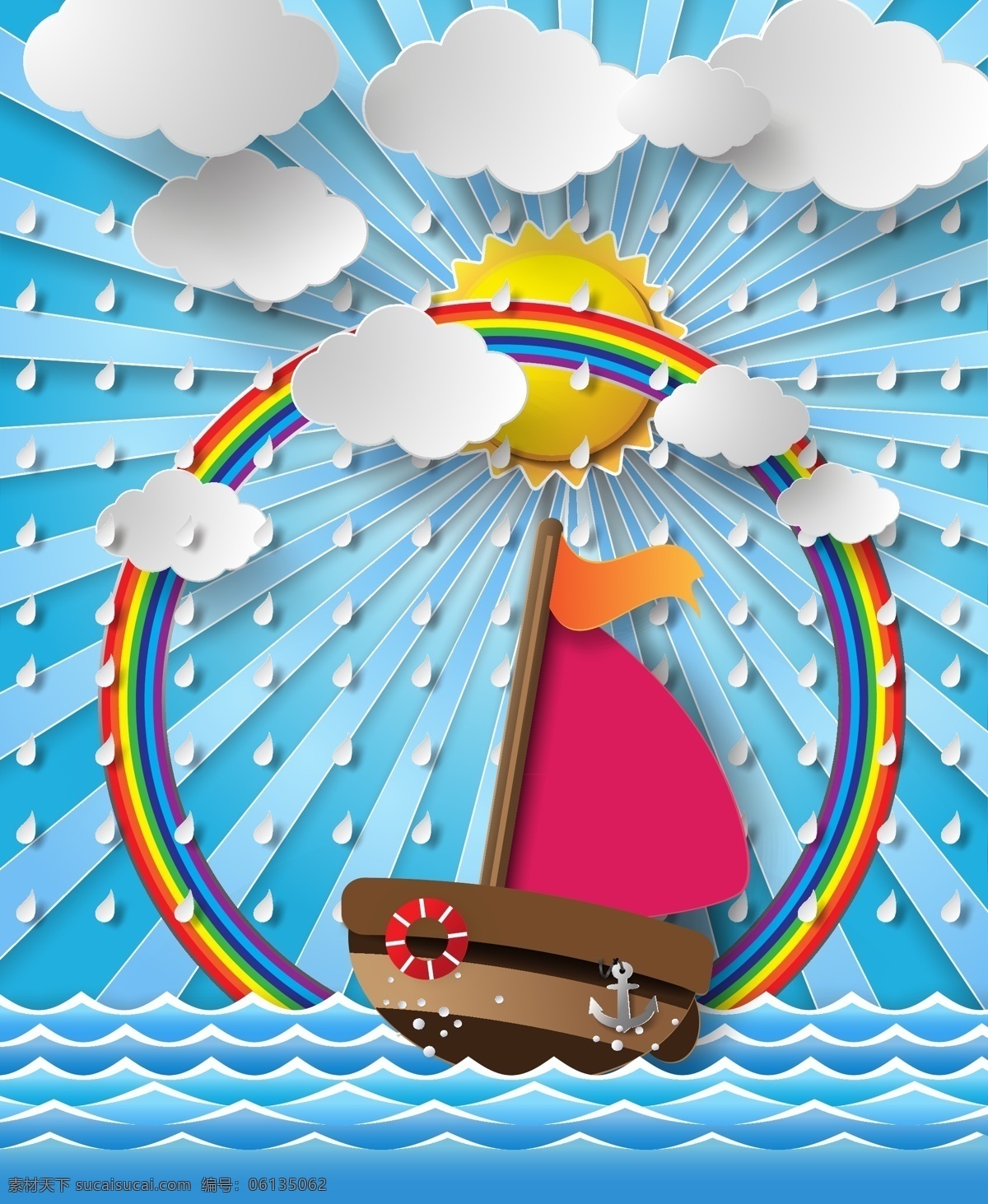 帆船 彩虹 剪贴 画 雨滴 云朵 航海 海浪 夏季 矢量 高清图片