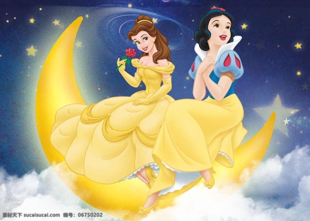 白雪公主 贝儿 公主 坐在 月亮 上 贝儿公主 迪士尼公主 t恤印花 婴童印花 可爱公主 夜晚 星星 高清 动漫动画 动漫人物