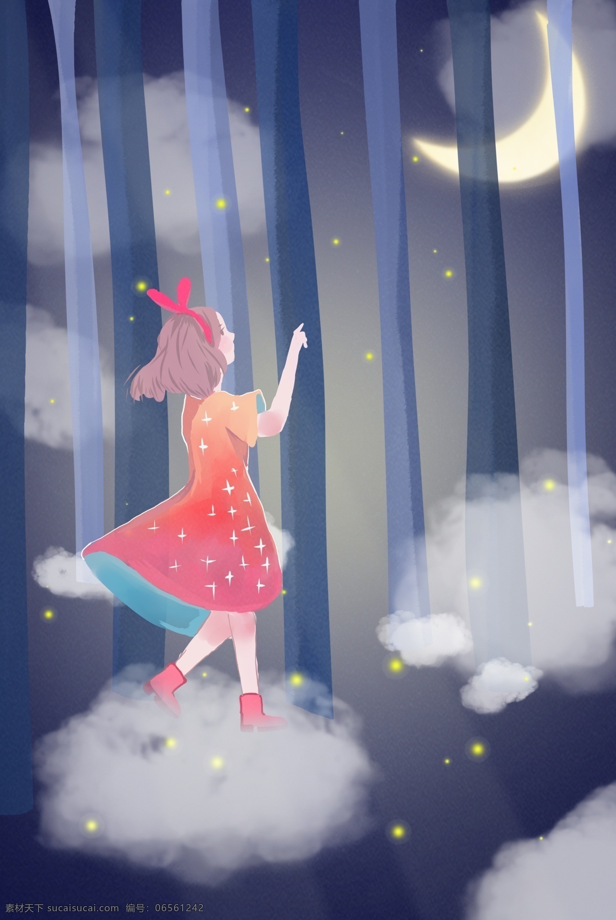 森林 精灵 女孩 背景 海报 树木 夜晚 月亮 梦幻 旅行 探险 促销海报