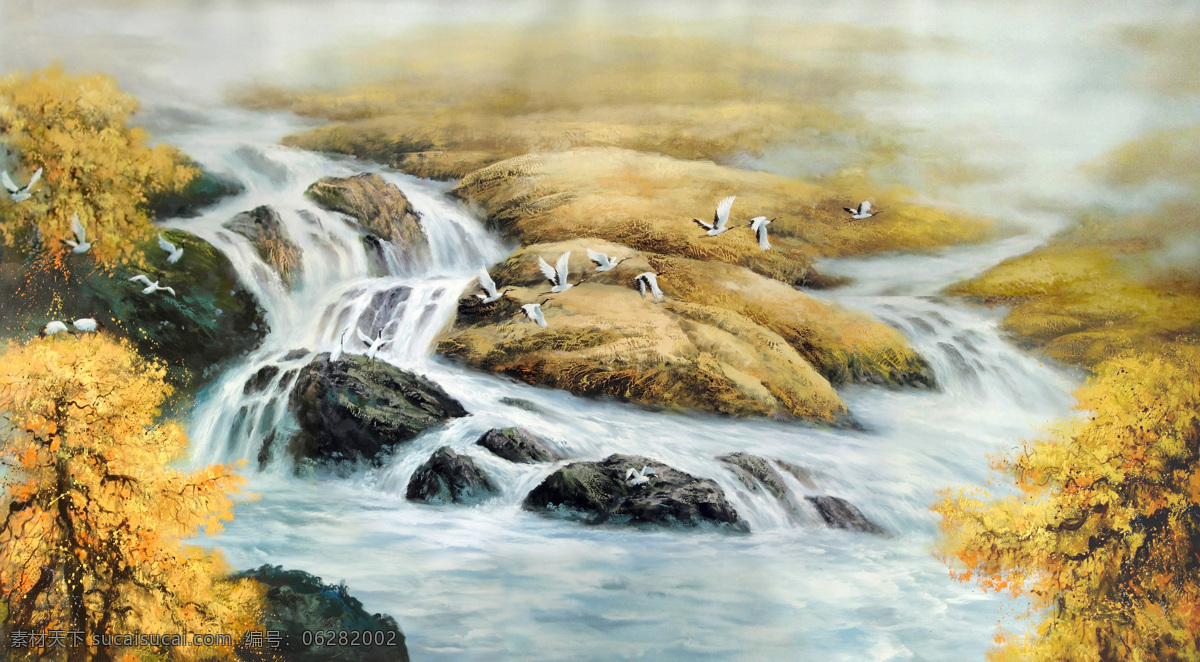 金秋 流水 瀑布 山澗 鶴群 油畫 風(fēng)景 秋景 油畫作品 繪畫書法 文化藝術(shù)