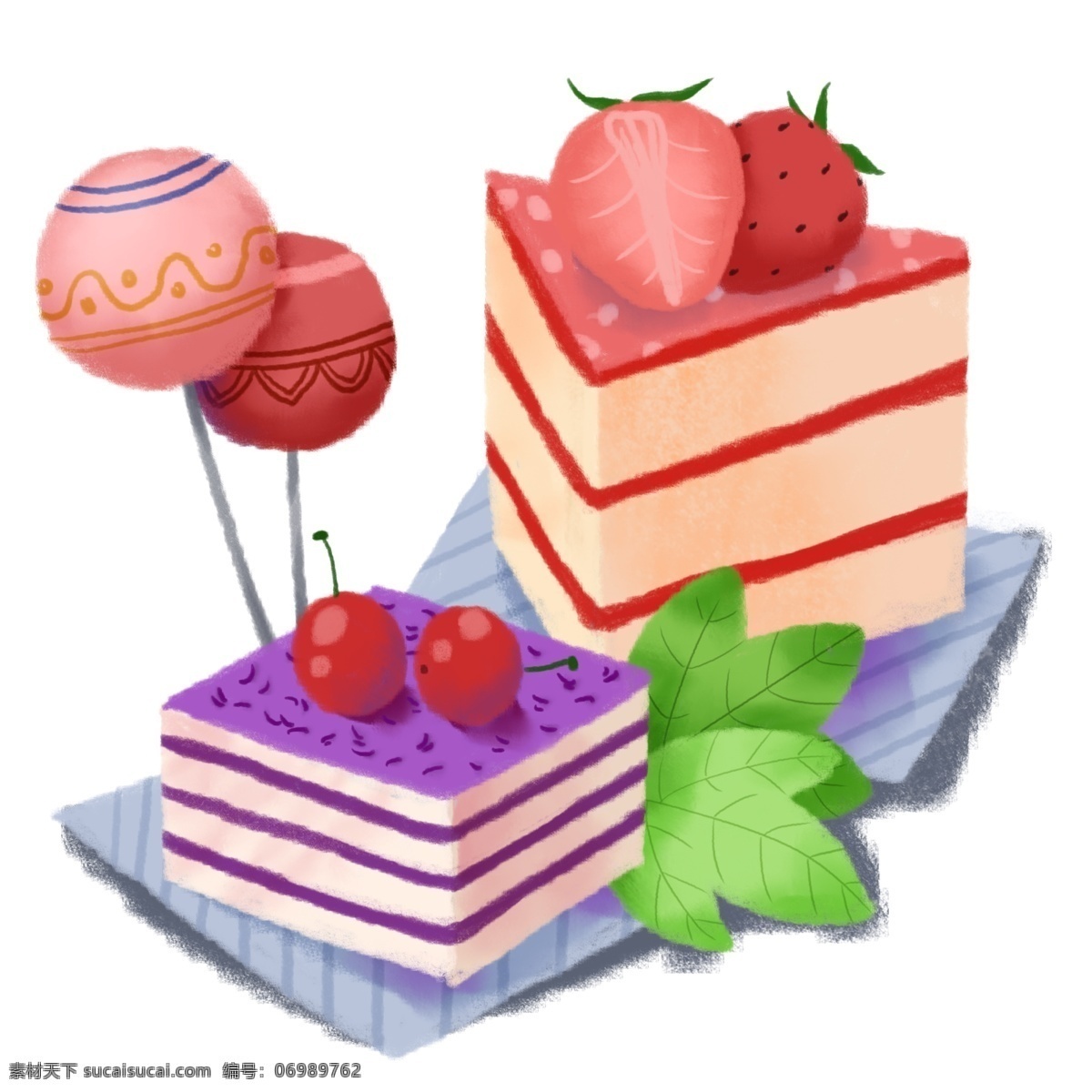 手绘 甜点 樱桃 草莓 蛋糕 棒棒糖 绿叶 甜食 卡路里 美食 生活 粉色 单独分层 食欲 健康 少女心 少女