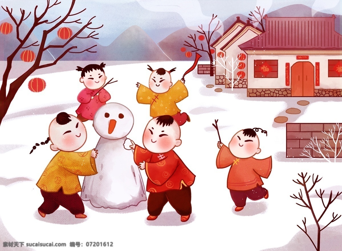 春節(jié) 新年 冬天 一群 兒童 堆 雪人 插畫 插畫素材 大寒 冬季 堆雪人 海報(bào) 卡通兒童 臘八 手繪 展板