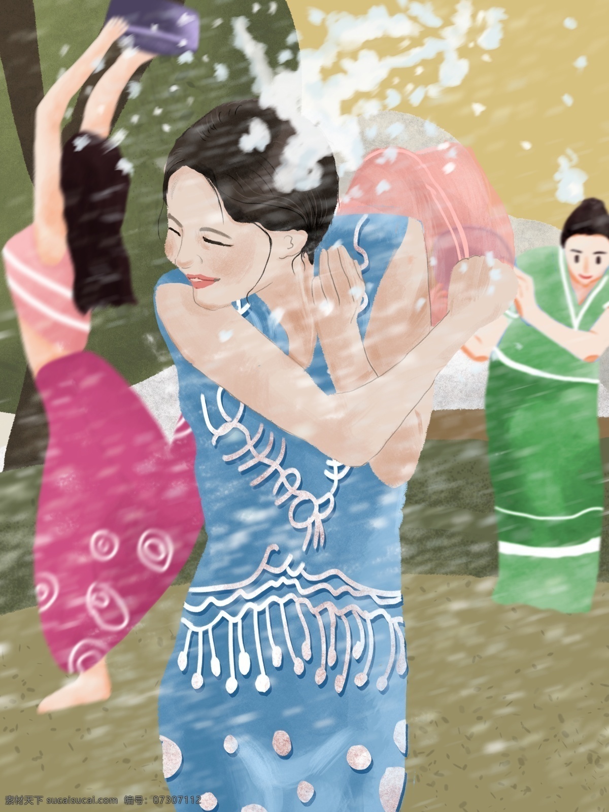 潑水節(jié) 女生 水 仗 小 清新 插畫(huà) 潑水 傣族 傳統(tǒng)節(jié)日 打水仗 民俗 文化 傳統(tǒng) 傣族服飾
