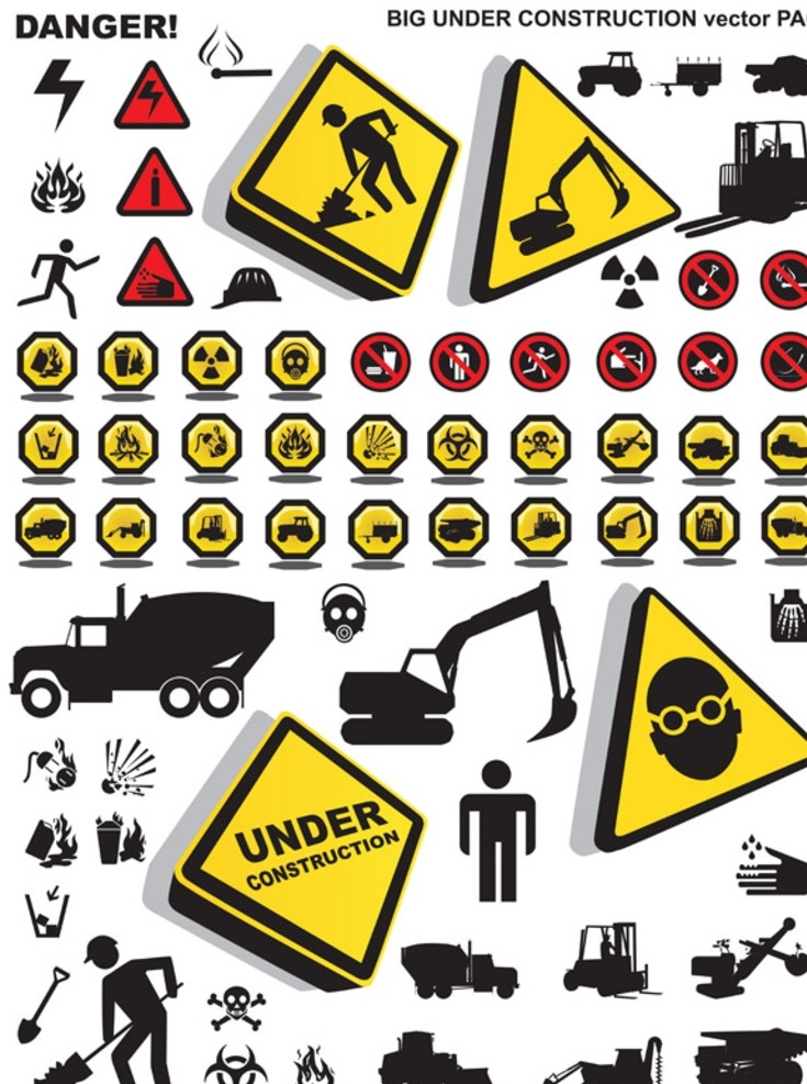 建筑业 警示 图标 eps格式 建筑 工地 工人 推土车 安全标志 危险标志 吊车 标志图标 公共标识标志