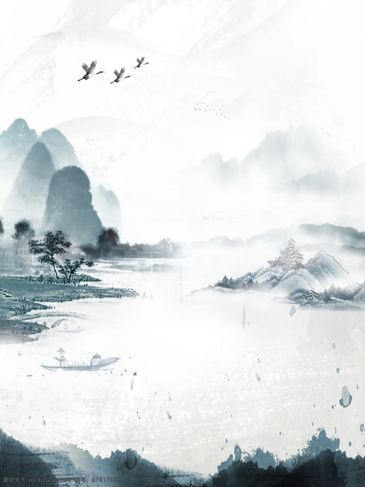 复古 水墨 中国 风 墨水 仙鹤 中国风 古风 传统 手绘 背景 分层 风景