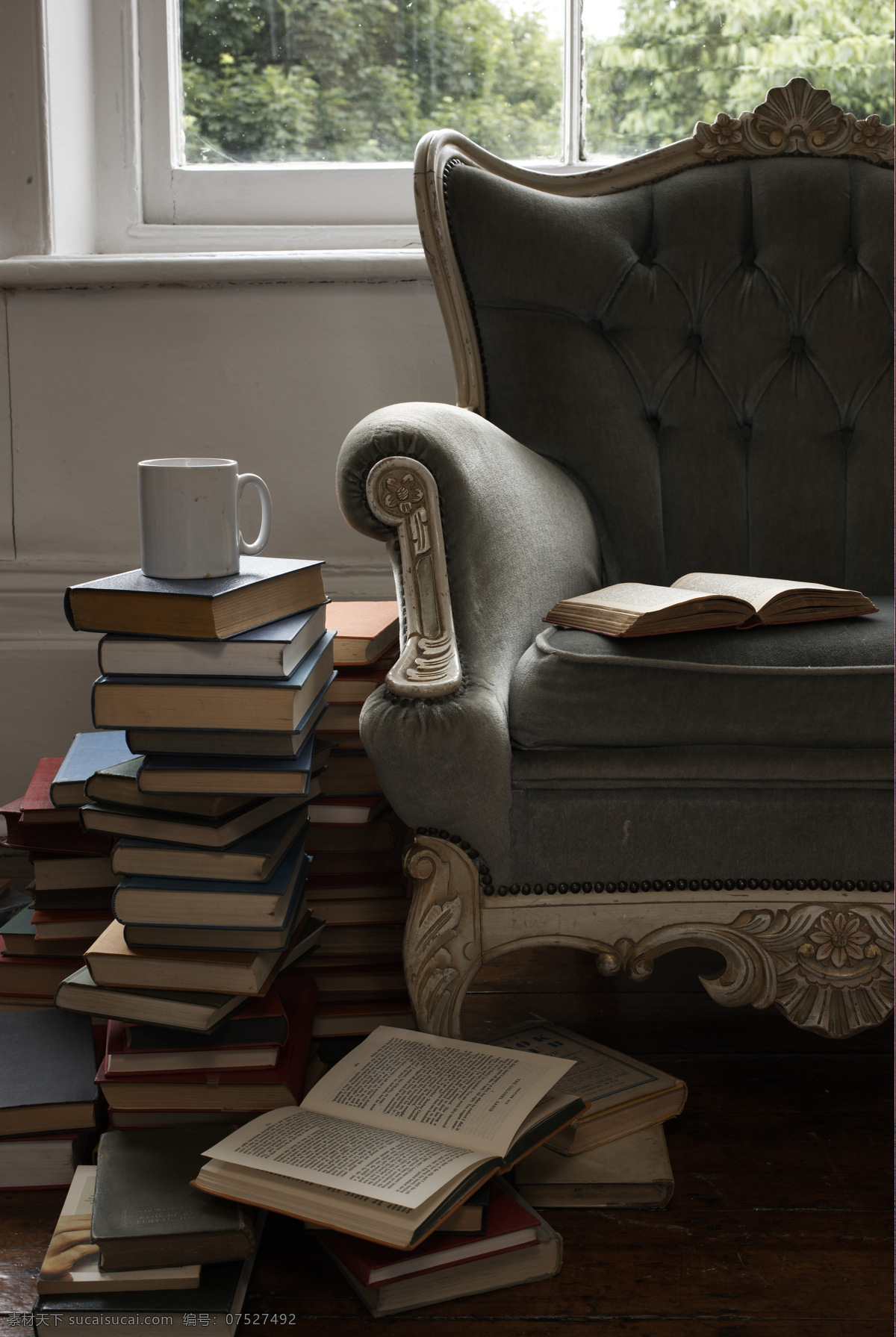 翻开的书 家居生活 咖啡杯 欧式沙发 生活百科 欧式 沙发 静物 写真图片 写真 堆砌的书 窗边 英文书 家居装饰素材