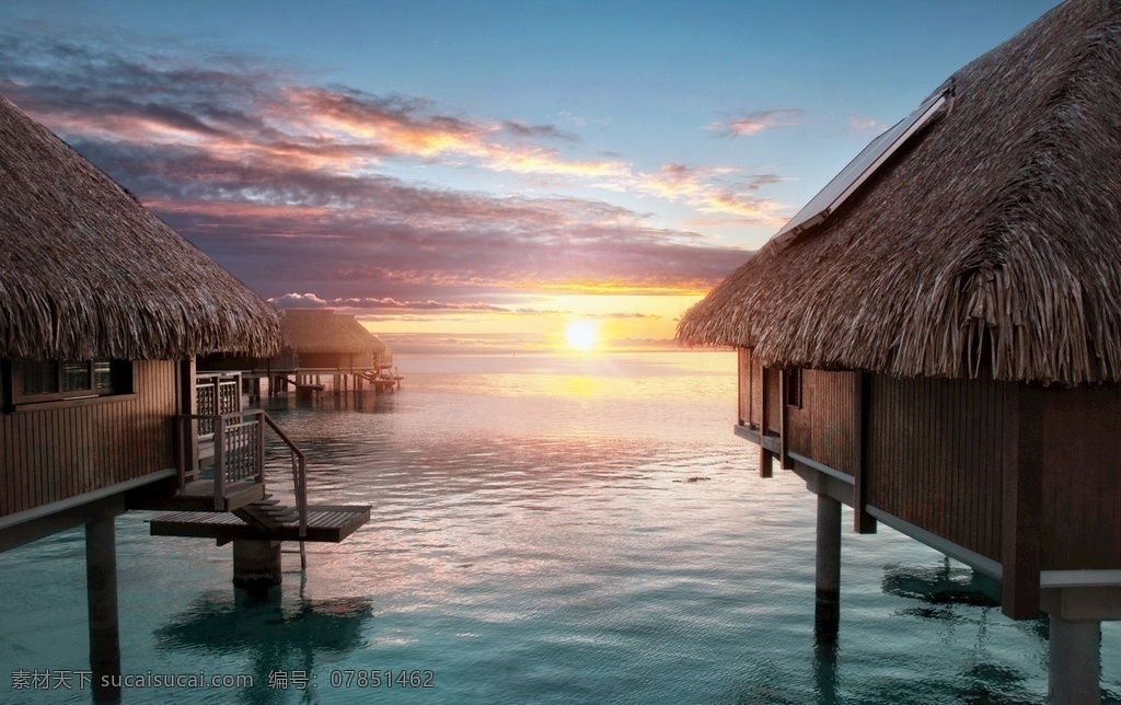 马尔代夫 落日 黄昏 草屋 海洋 蓝色 水上房屋 分层 风景