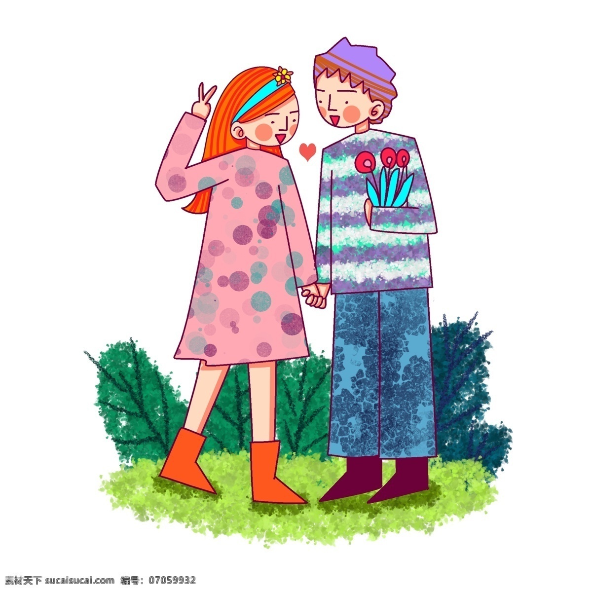 卡通 風格 春日 情侶 踏青 出游 溫馨 季節(jié) 草地 植物 男孩 女孩 裙子 服飾圖案 長褲 長發(fā) 短發(fā) 鞋子 愛心 線描 清明節(jié)