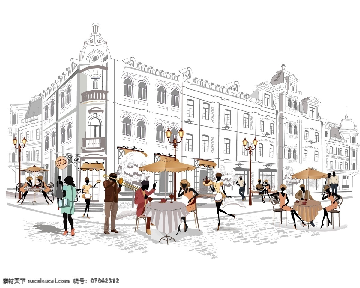 手绘 速写 风格 欧洲 街头 场景 插画 咖啡厅 风景 艺术