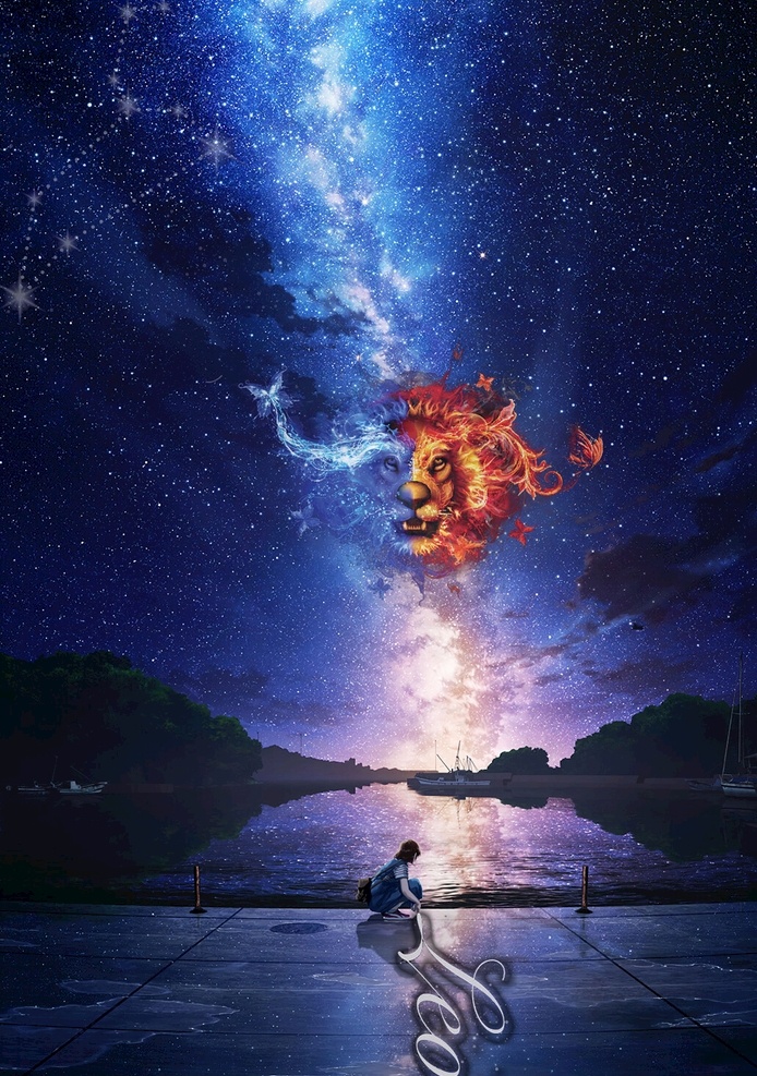 星空 下 狮子座 女孩 夜空 夜晚 leo lion 海报 广告 创意 感觉 火焰 海水 蓝色
