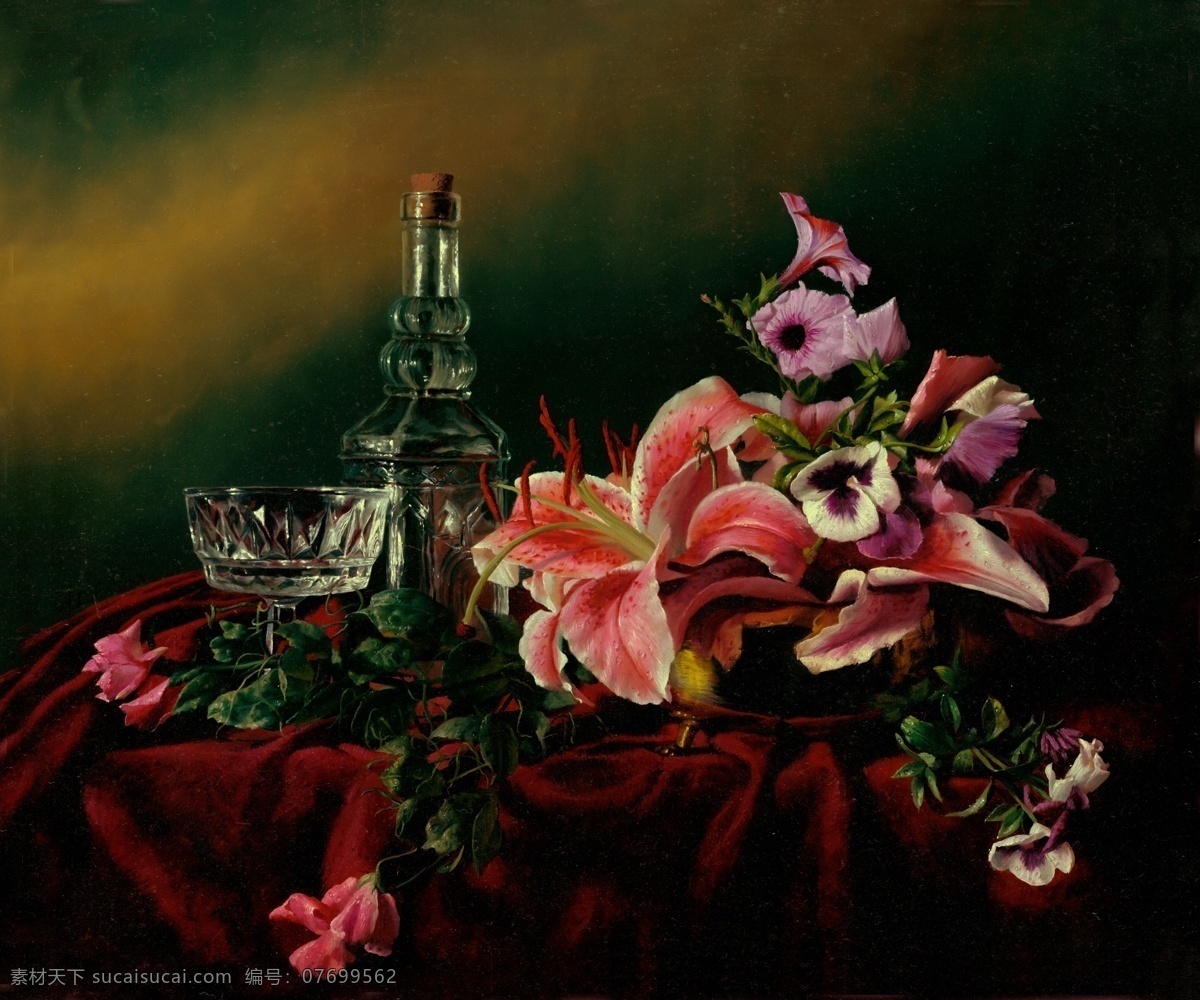 俄罗斯 桌面 油画 写实派 花卉 玻璃器皿 花朵 台面 装饰素材