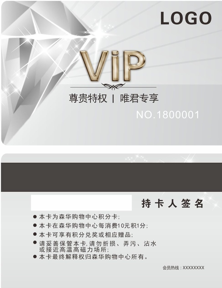 会员卡 金卡 银卡 铂金卡 logo vip 签名 编号 no 持卡 充值 积分 事项 尊贵 特权 专享 补办 丢失 信息 专员
