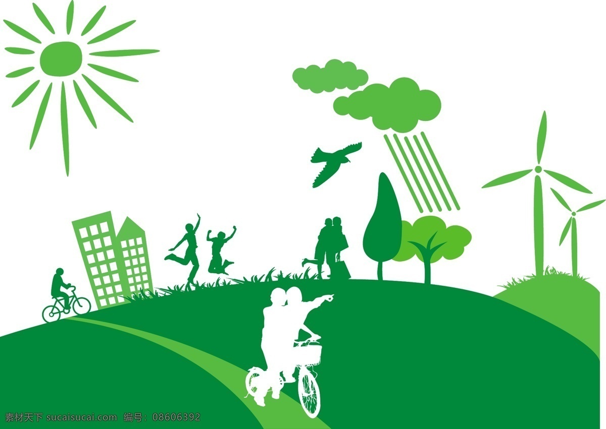 环保插画 草地 上 骑车人 环保 插画 玩耍 人群 太阳 雨云 绿树 风车 骑车 自行车 绿色 底纹边框 背景底纹 白色