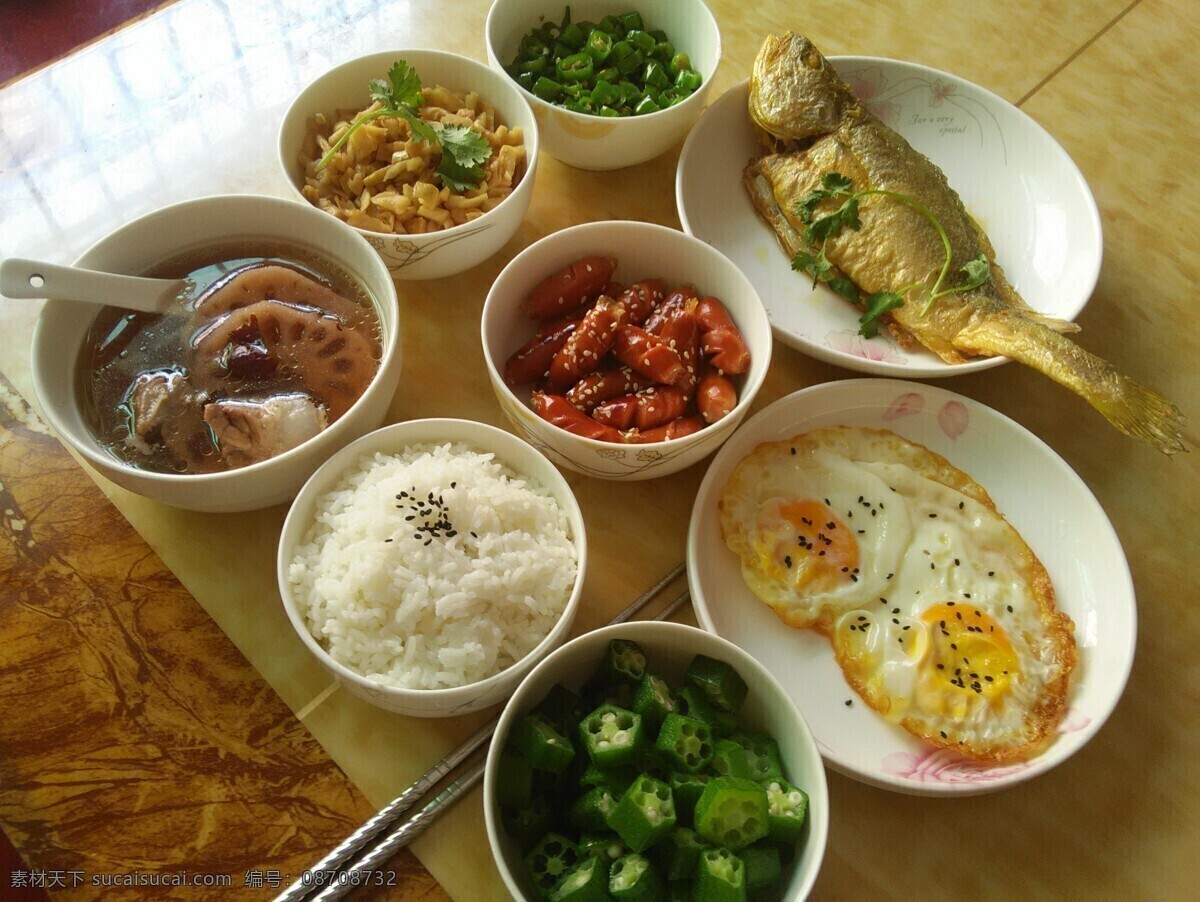 米飯 煎魚(yú) 秋葵 中式料理 蓮藕湯 餐飲美食