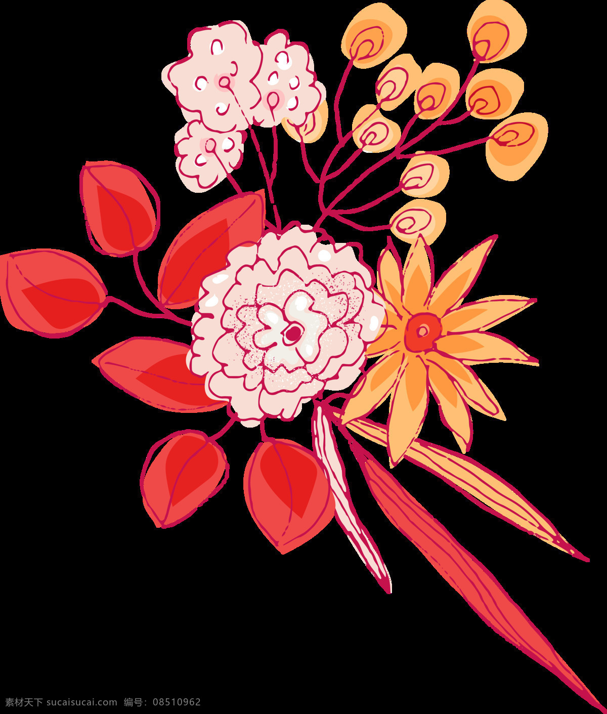 手绘 线性 风格 花卉 透明 淡粉色 红色 橘色 卡通 免扣素材 水彩 透明素材 装饰图案