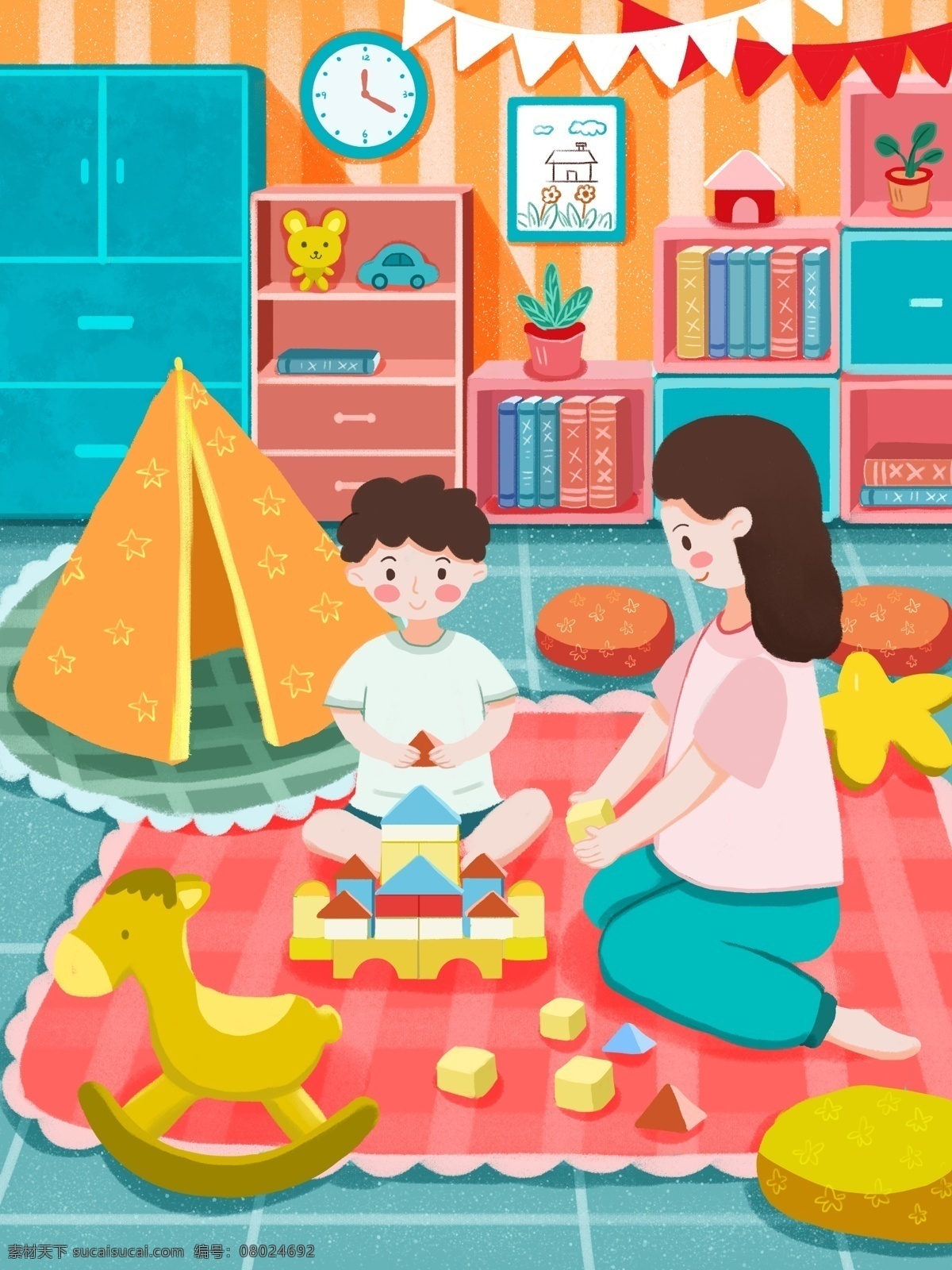 61 兒童節(jié) 媽媽 兒子 玩 玩具 母愛 插畫 六一 小孩子 玩玩具 兒童房 木馬 積木