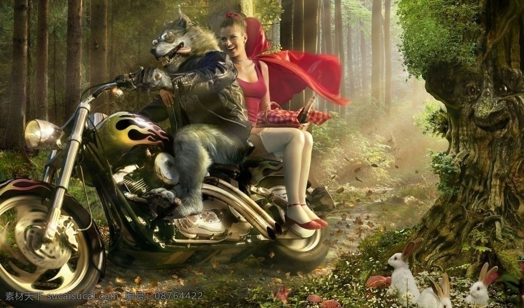 狼的诱惑 美女 野兽 森林 摩托车 人狼传说 招贴设计