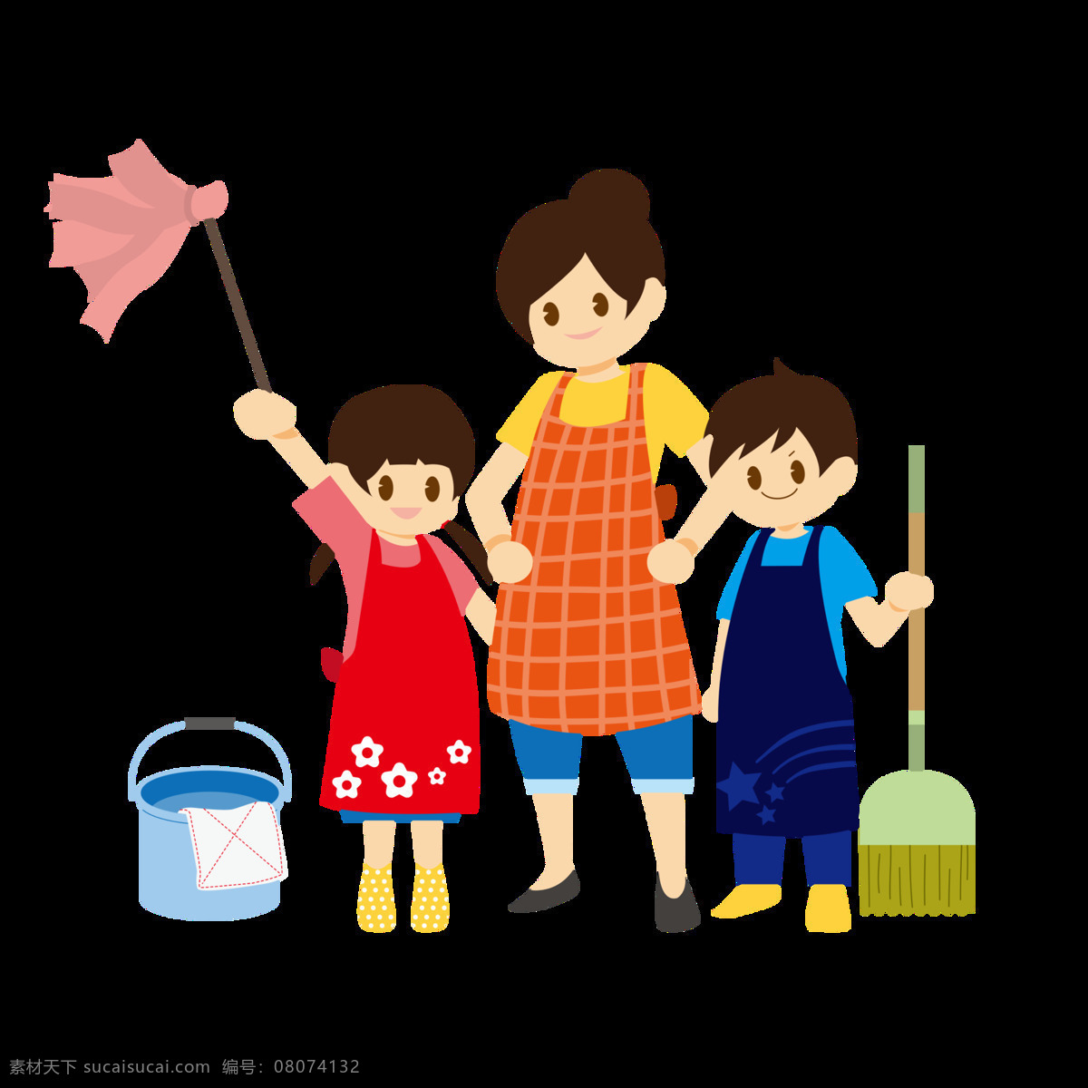 清新 風(fēng)格 家庭 大掃除 勞動節(jié) 節(jié)日 元素 節(jié)日元素 灰色底紋 水桶 格子圍裙 粉色掃把 深綠色拖把 碎花圍裙
