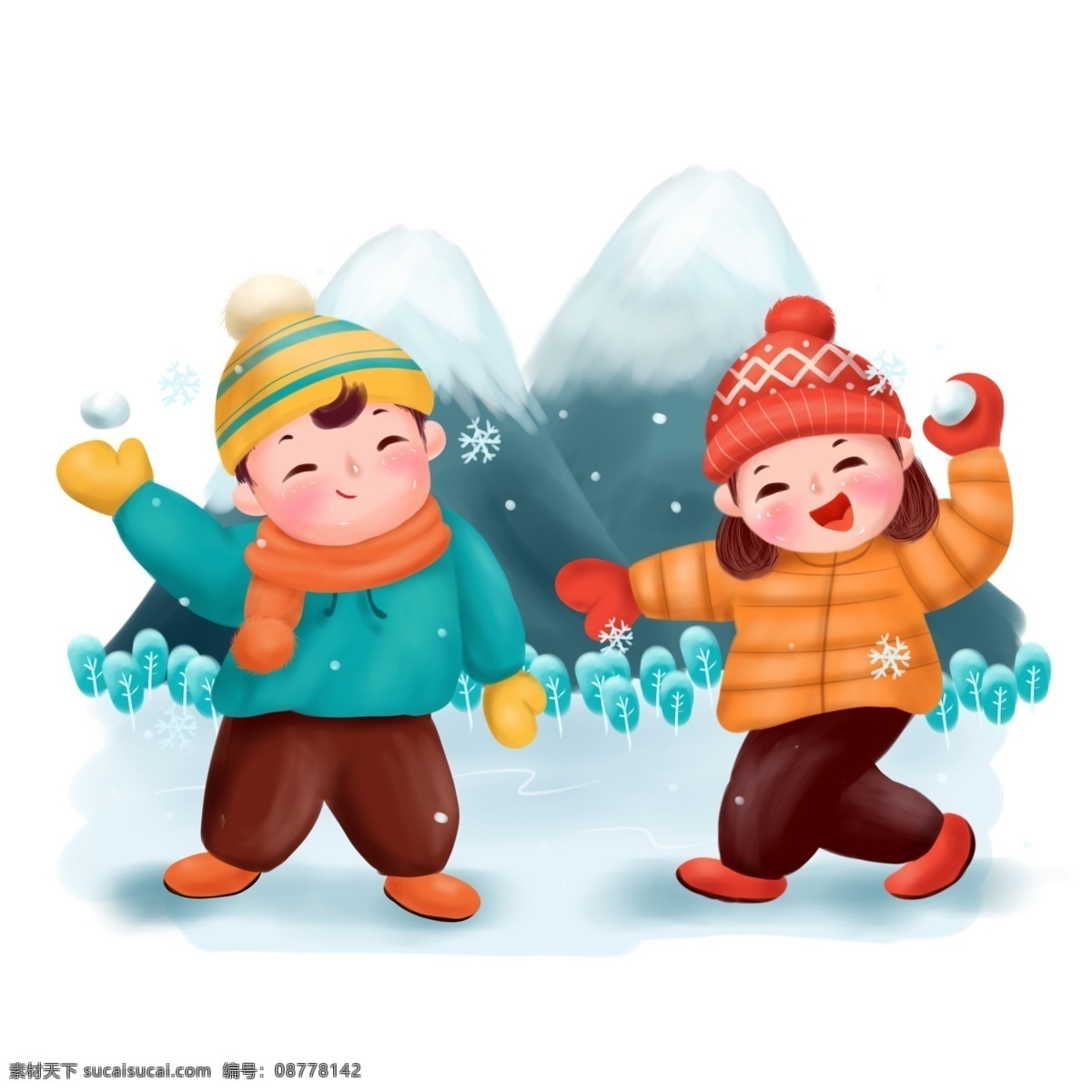 打雪仗 冬天 冬季 节气 下雪 儿童 商用 插画 配 图 人物 游戏 可爱 雪花 雪山 玩耍 嬉戏 活动 手绘 配图 卡通
