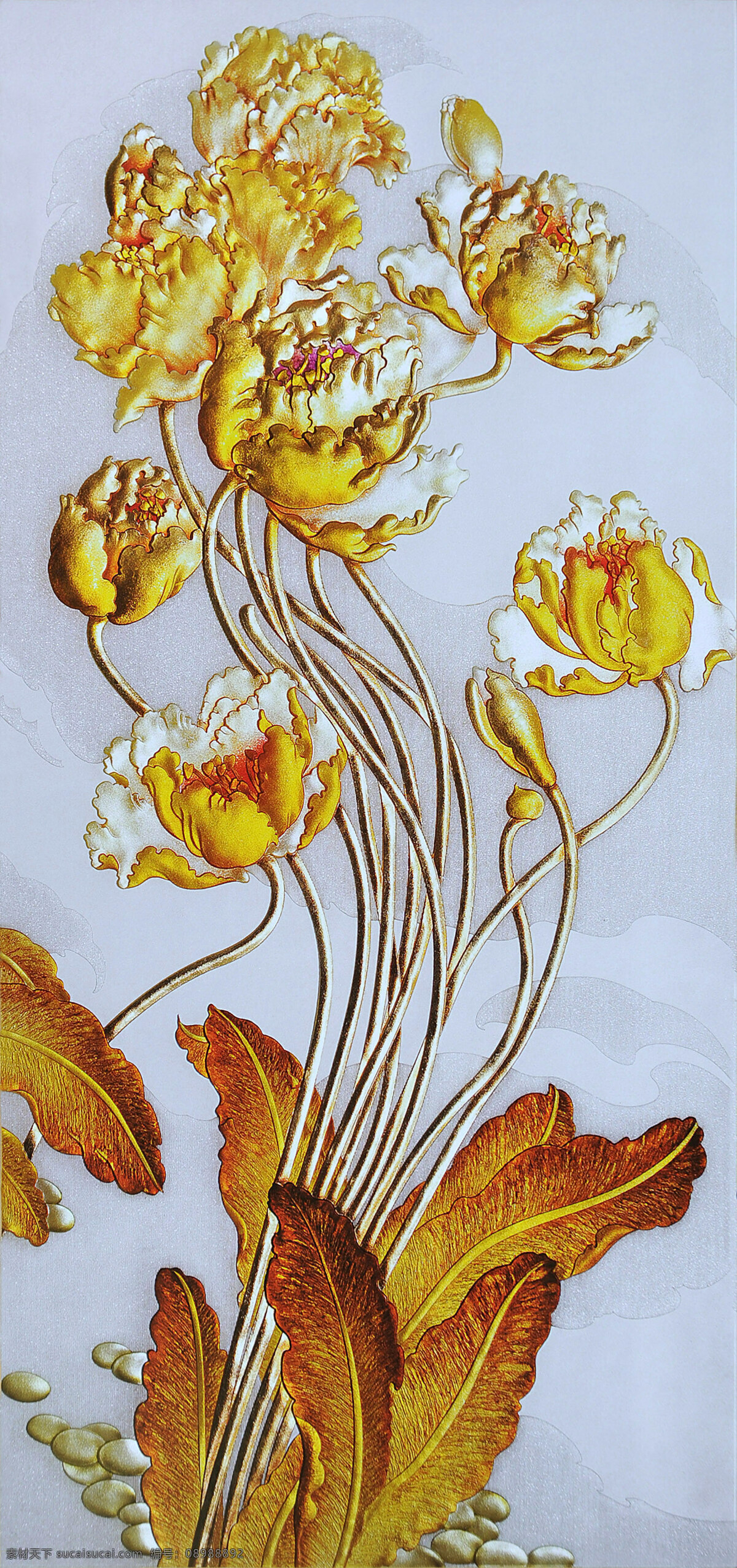 花開 富貴 彩雕 花 金黃色 葉子 裝飾畫 深加工 迎賓圖 裝飾素材 印章 雕刻 圖案