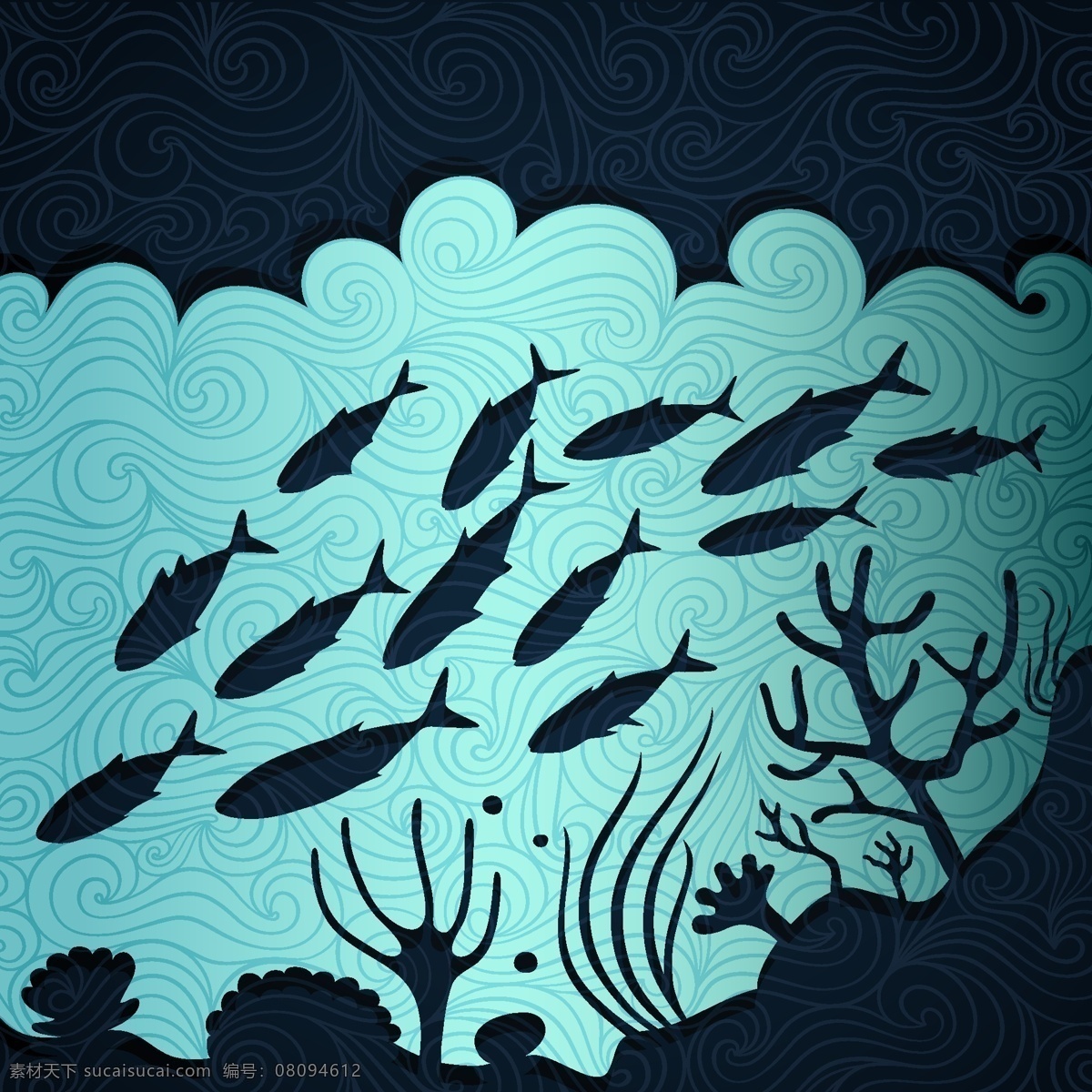 魚群 海底 剪影 海浪 藍(lán)色 珊瑚 時尚 水紋 魚 矢量圖 花紋花邊