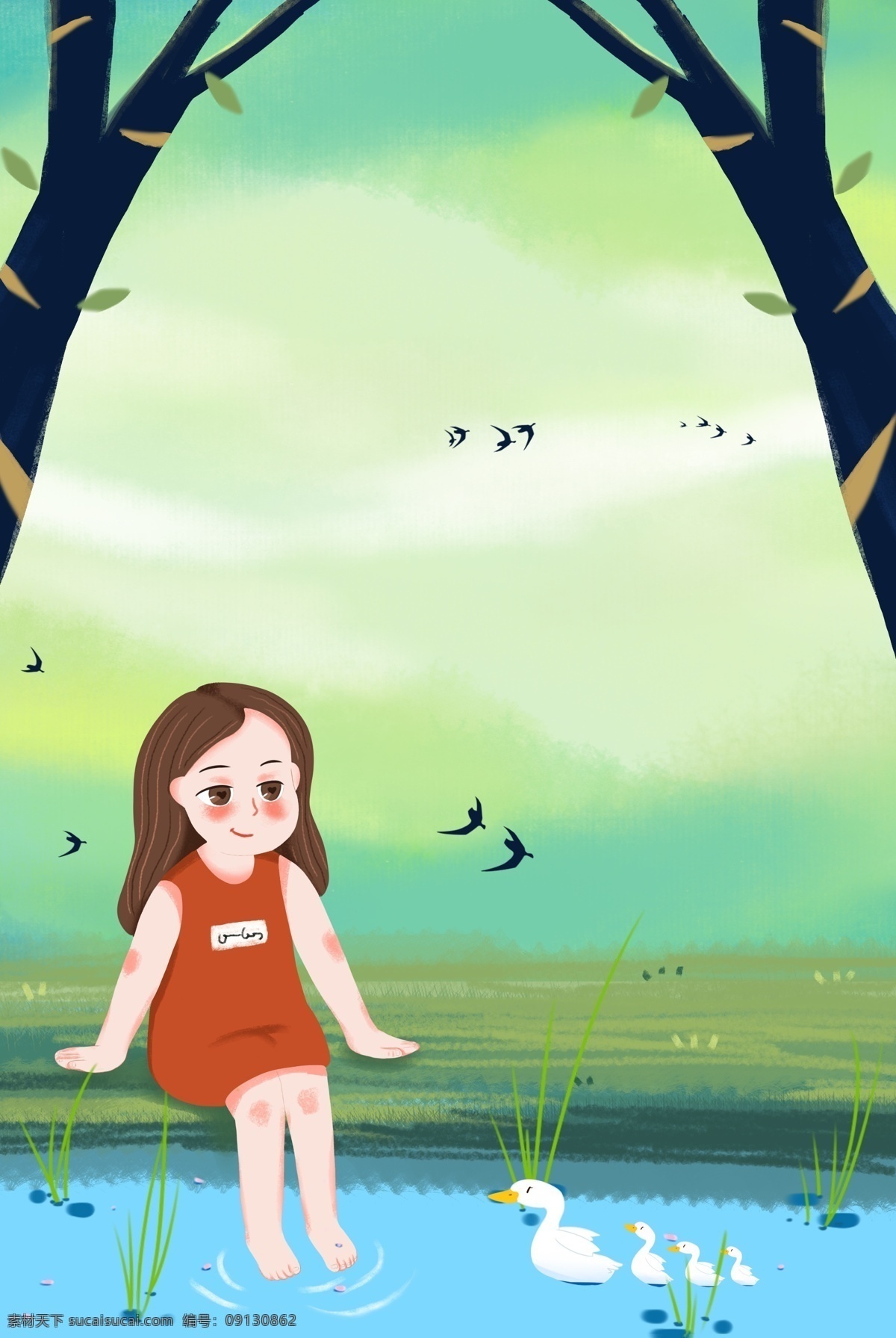 清新 可爱 女孩 小 鸭子 卡通 背景 小鸭子 池塘 户外 郊游