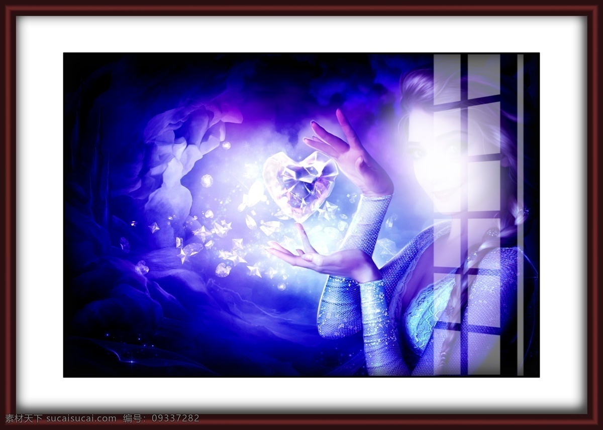 美女 梦幻 心形 蓝色 鼠绘 相框 装饰画 温馨 相框装饰画 文化艺术 传统文化