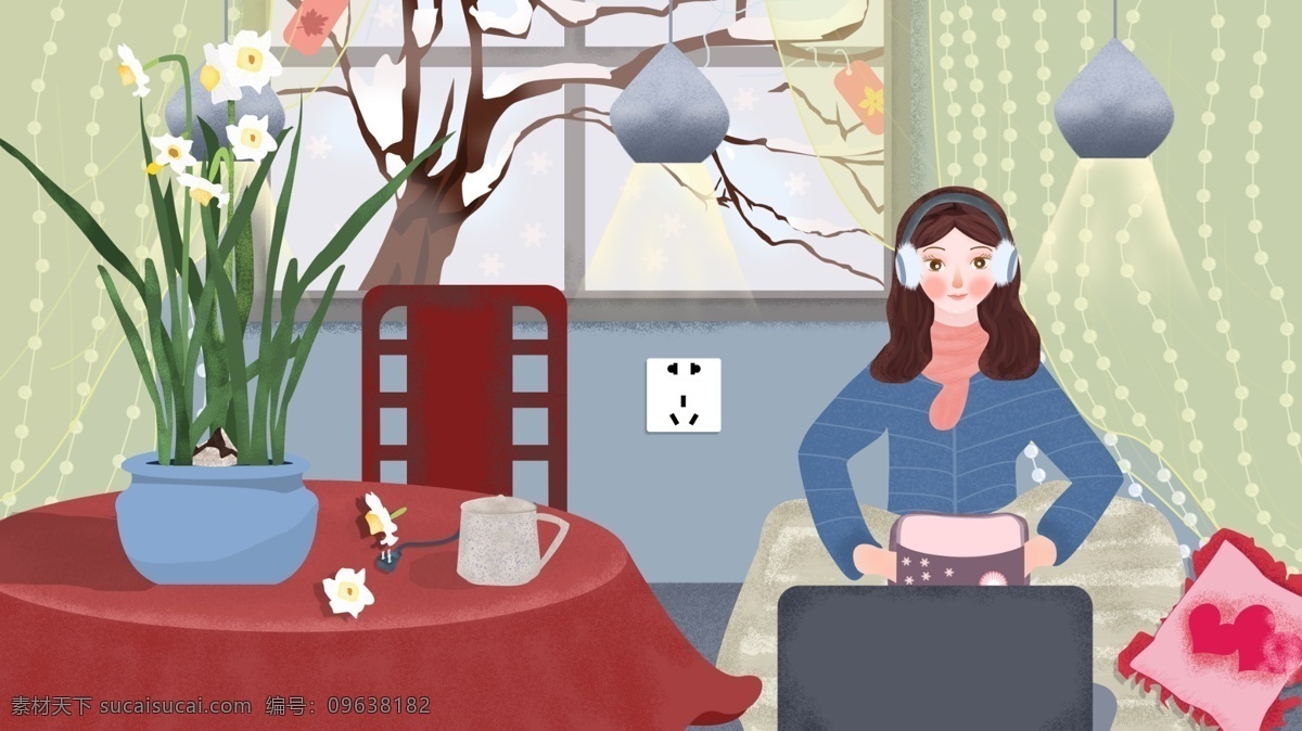 光棍 節(jié) 女孩 獨(dú)自 一人 在家 玩電腦 原創(chuàng) 插畫 卡通女孩 燈 桌子 冬天 光棍節(jié) 獨(dú)身女孩 家居插畫 被子 抱枕 杯子 水仙花