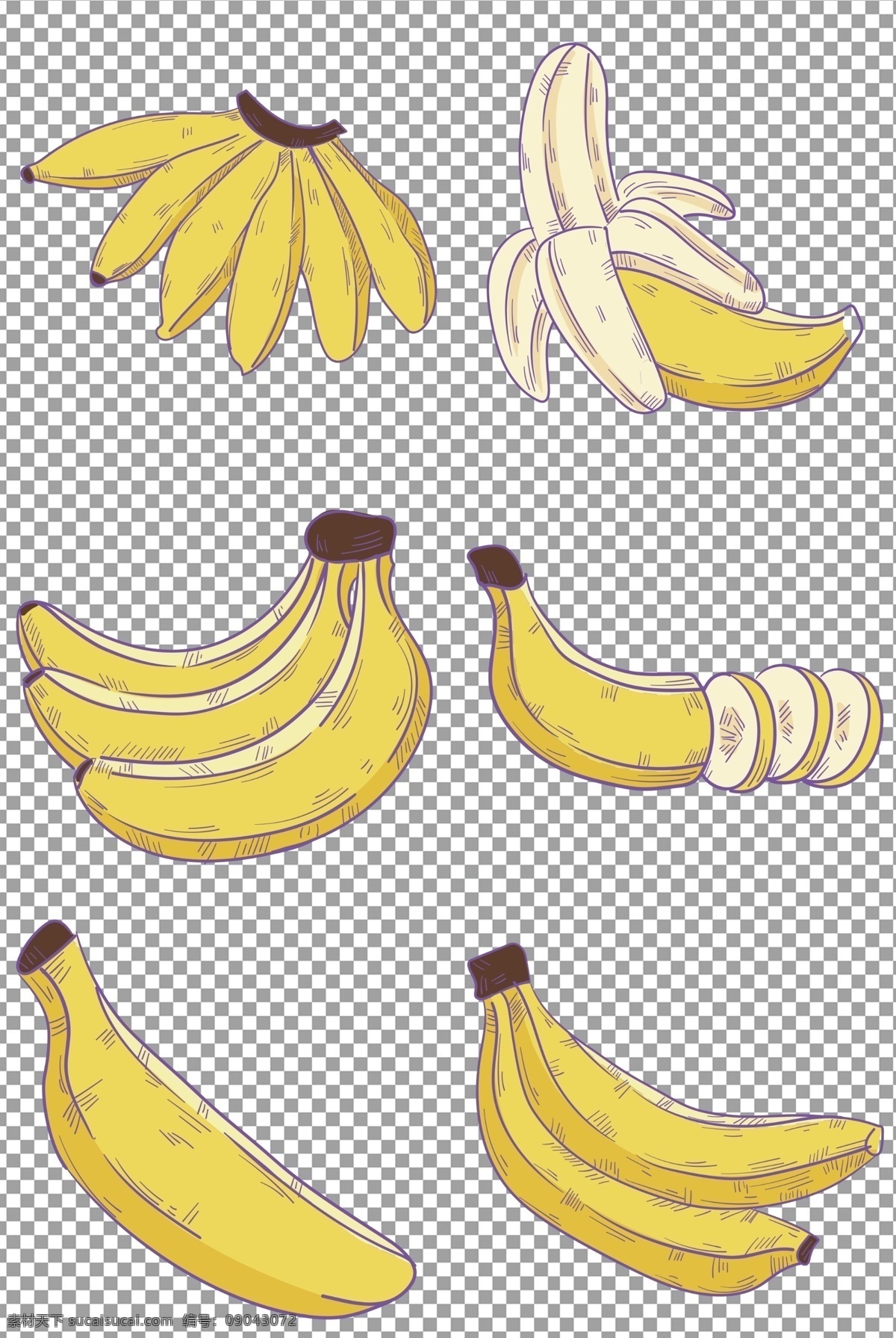 彩色手绘香蕉 彩色 香蕉 热带 象征 手绘 插图 水果 黄色 免抠 无背景 免抠图 抠图 元素 透明 通道 png免抠图 分层