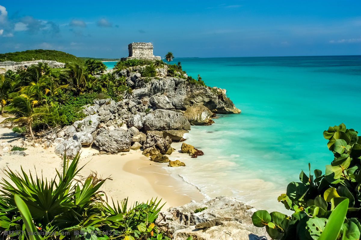 海边 石头 上 建筑 植物 沙滩 墨西哥 风景名胜 风景图片