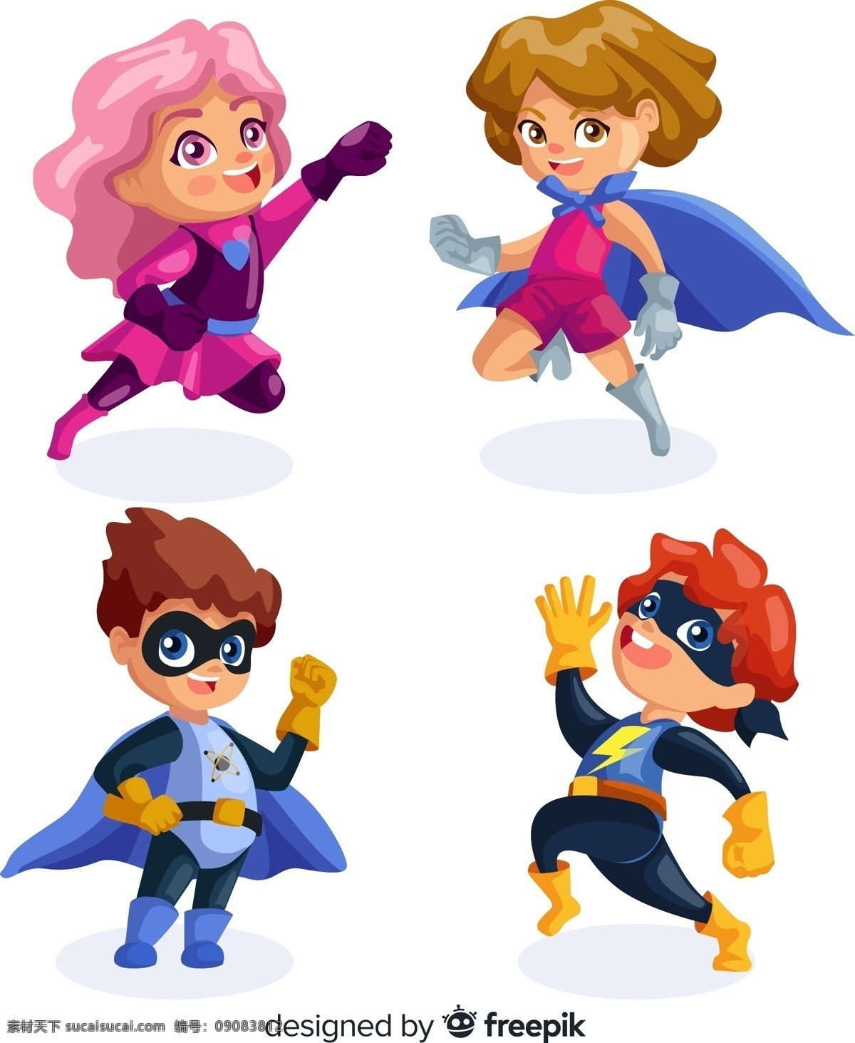 卡通 超级 英雄 儿童 超级英雄 男孩 女孩 矢量 高清图片