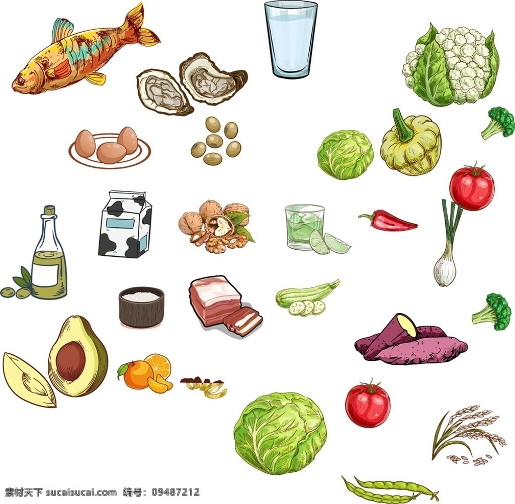 手繪 蔬菜 食物 素材圖片 卡通 插畫 卡通蔬菜 蔬菜繪畫 手繪蔬菜 蔬菜素材 蔬菜元素 元素 圖標(biāo) 圖案 菜花 包菜 魚(yú) 牛奶 png素材