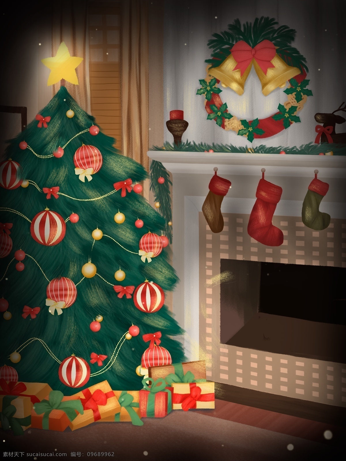 卡通 冬天 圣诞节 室内 插画 背景 圣诞装饰 圣诞树 庆祝 圣诞礼物 圣诞节快乐 祝福 圣诞帽 圣诞