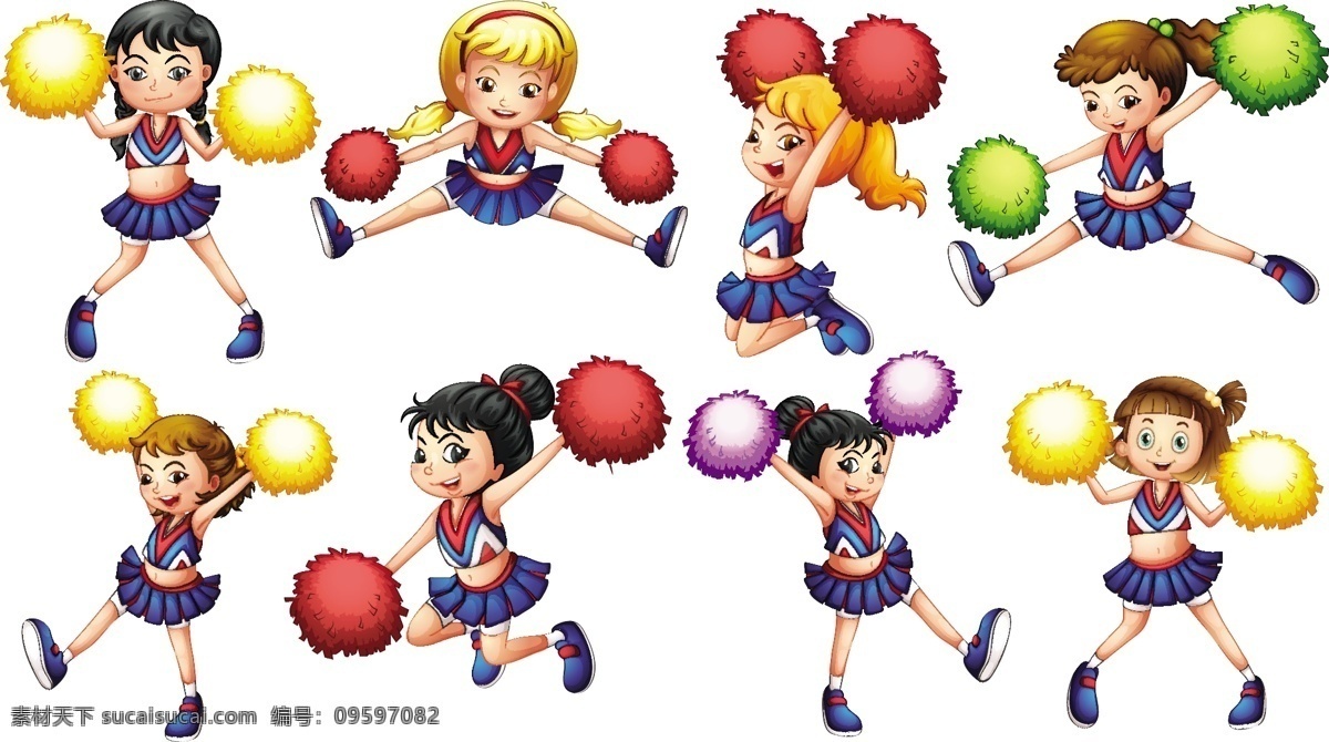 卡通啦啦队员 啦啦队 表演 儿童 欢乐 欢呼 舞蹈 绒球 学生 孩子们 女生 女孩 卡通儿童 卡通设计