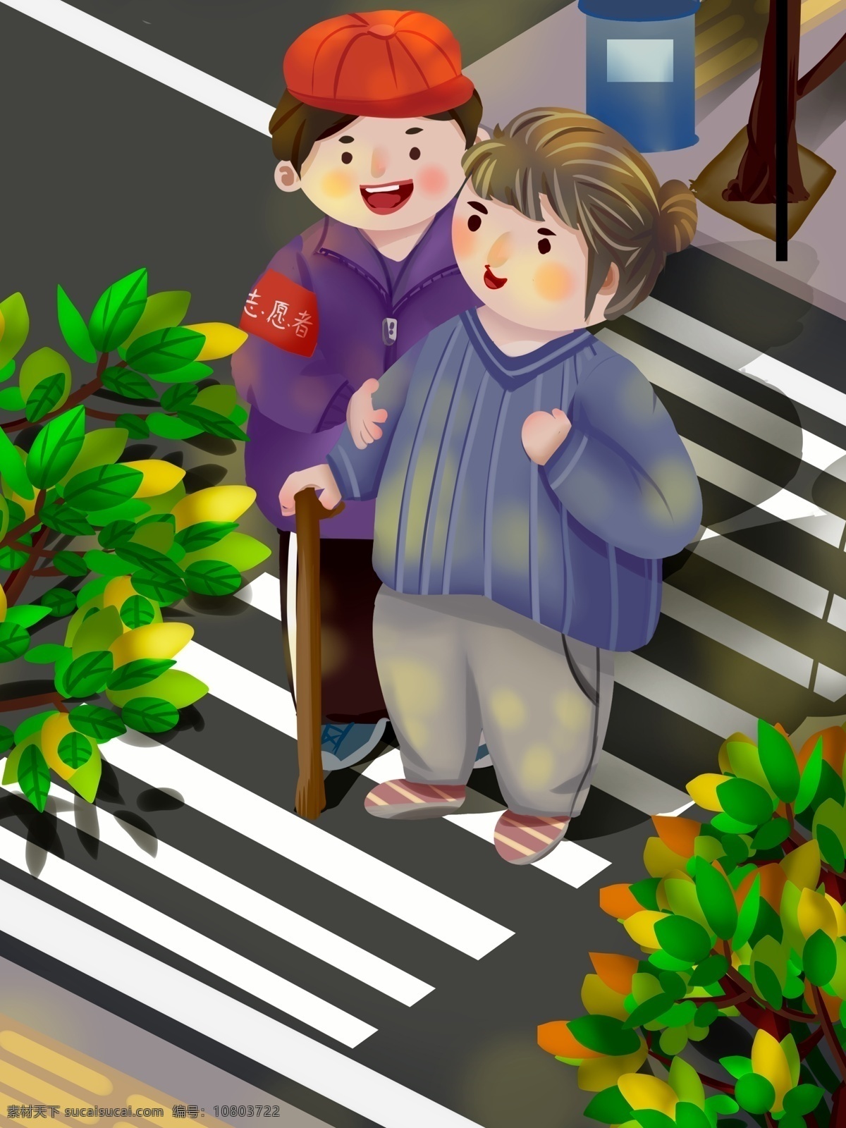 男孩 志愿者 陽光 明媚 早上 扶 老奶奶 馬路 志愿者日 早晨的街道 紅帽子男孩 拄 拐杖 陽光明媚