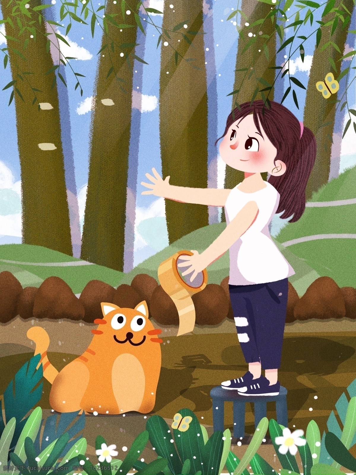 原创 插画 你好 五月 卡通 猫咪 人物 背景 绿色 背景设计 旅游背景 女孩