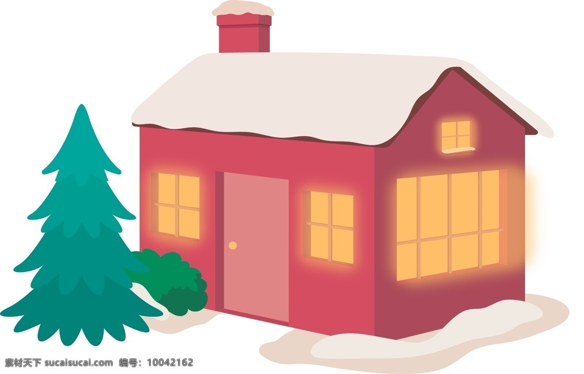 手绘 风格 冬季 房屋 元素 房子 红色 绿色 建筑 灯光 树 过节 气氛 冬天 草丛