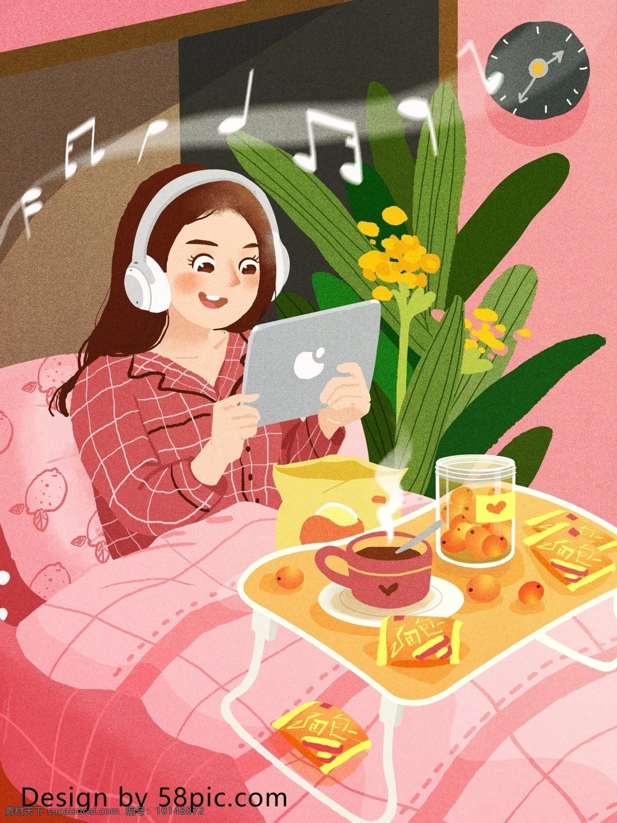 冬天 不 愿 出 被窩 玩電腦 女孩 原創(chuàng) 手繪 插畫(huà) 家 臥室 手繪插畫(huà) 宅 床上 吃零食 看劇 打游戲 聽(tīng)音樂(lè)