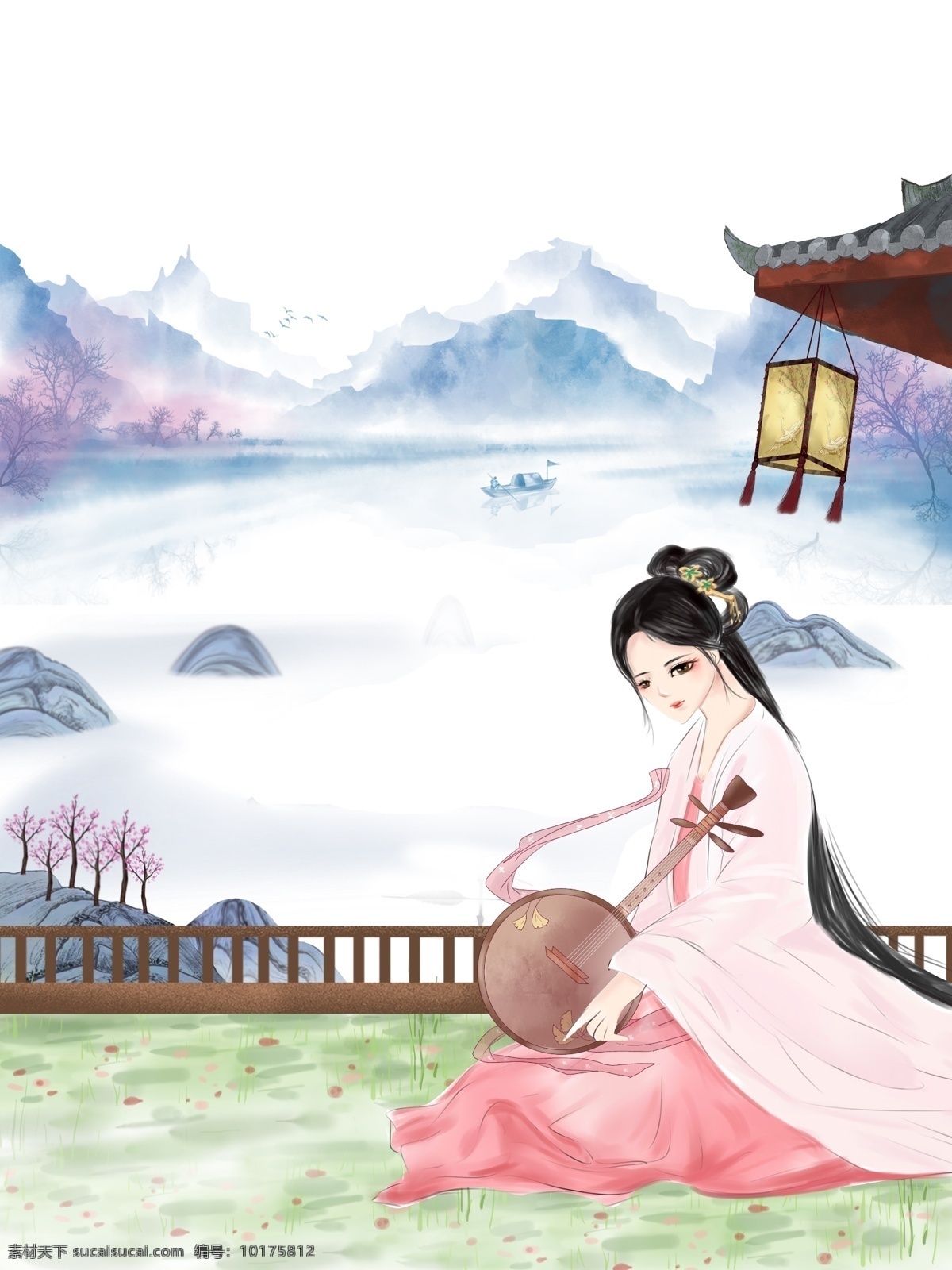 中国 风 蓝色 乐器 琵琶 美女 背景 中国风 古建筑一角 山水 石头