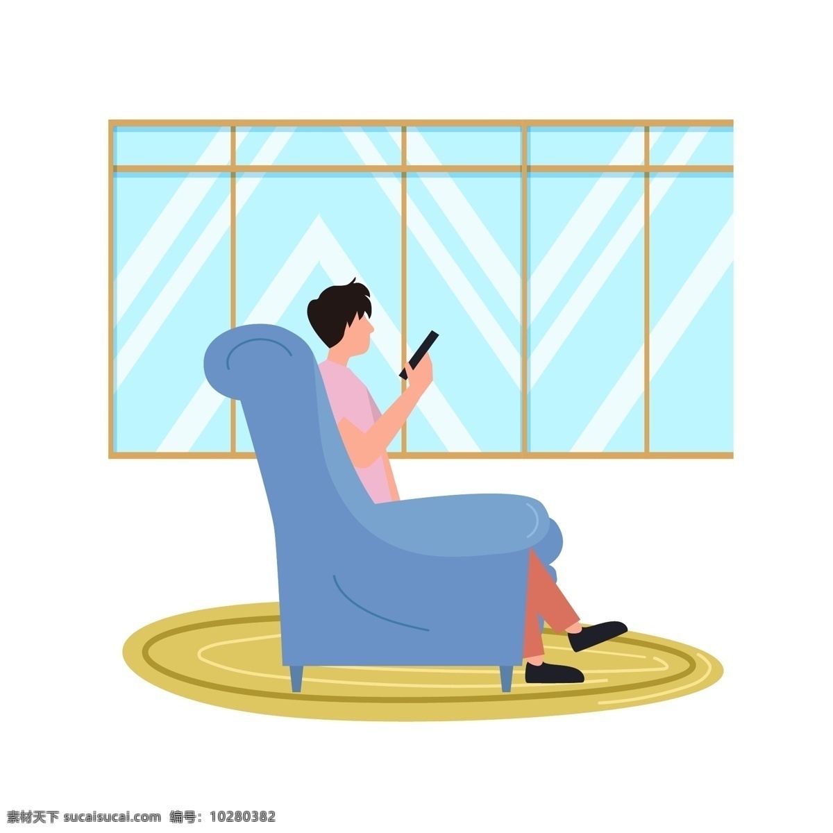 卡 通风 居家 休闲 人 元素 窗户 家具 沙发 玩手机 男人