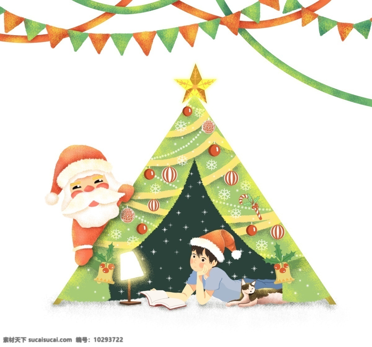 色彩缤纷 圣诞节 圣诞老人 来访 看书 小 男孩 矢量 圣诞树 帐篷 星星 装饰彩球 看书小男孩 阅读台灯 圣诞帽