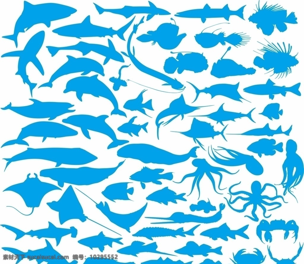 海洋动物剪影 海洋生物剪影 海洋生物 鲨鱼 乌贼 海豚 剪影 生物世界