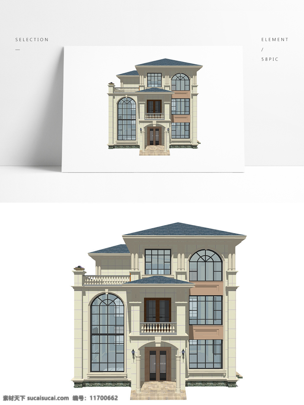 欧式 三 层 别墅 模型 真石漆 坡屋顶 淡黄色 石材