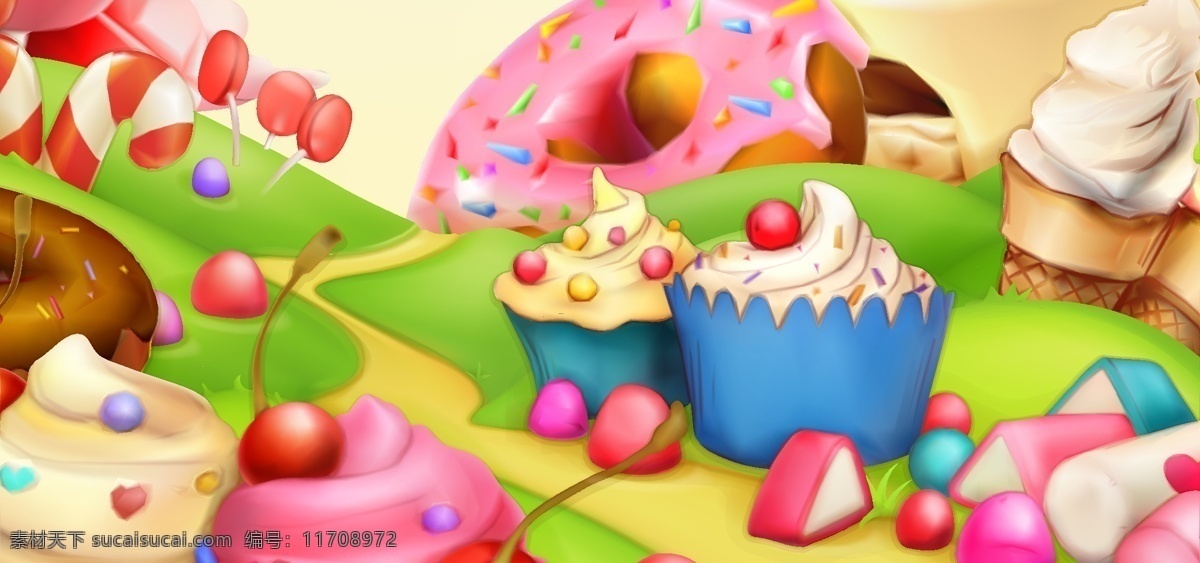 淘宝 矢量 卡通 美食 甜品 蛋糕 糖果 面包 草地 海报