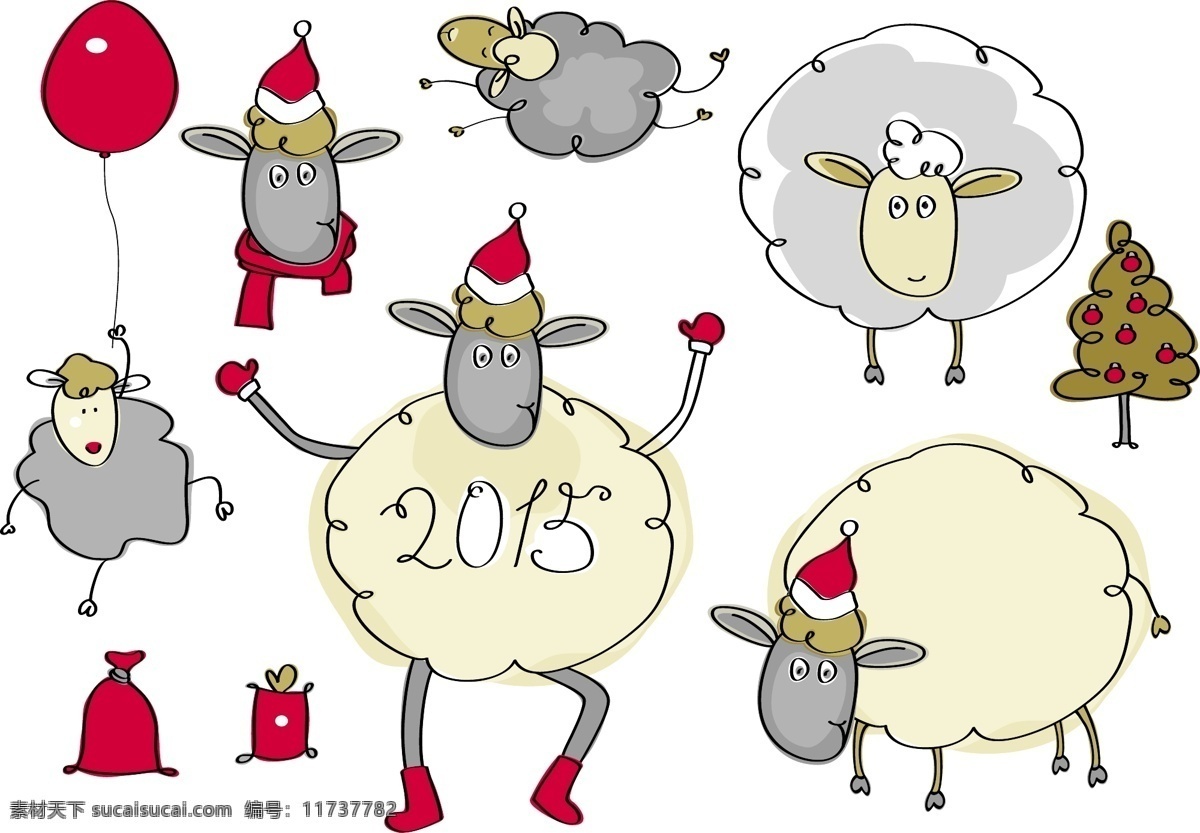 手绘 绵羊 彩绘 礼包 气球 圣诞帽 矢量图 树木 节日素材 2015羊年