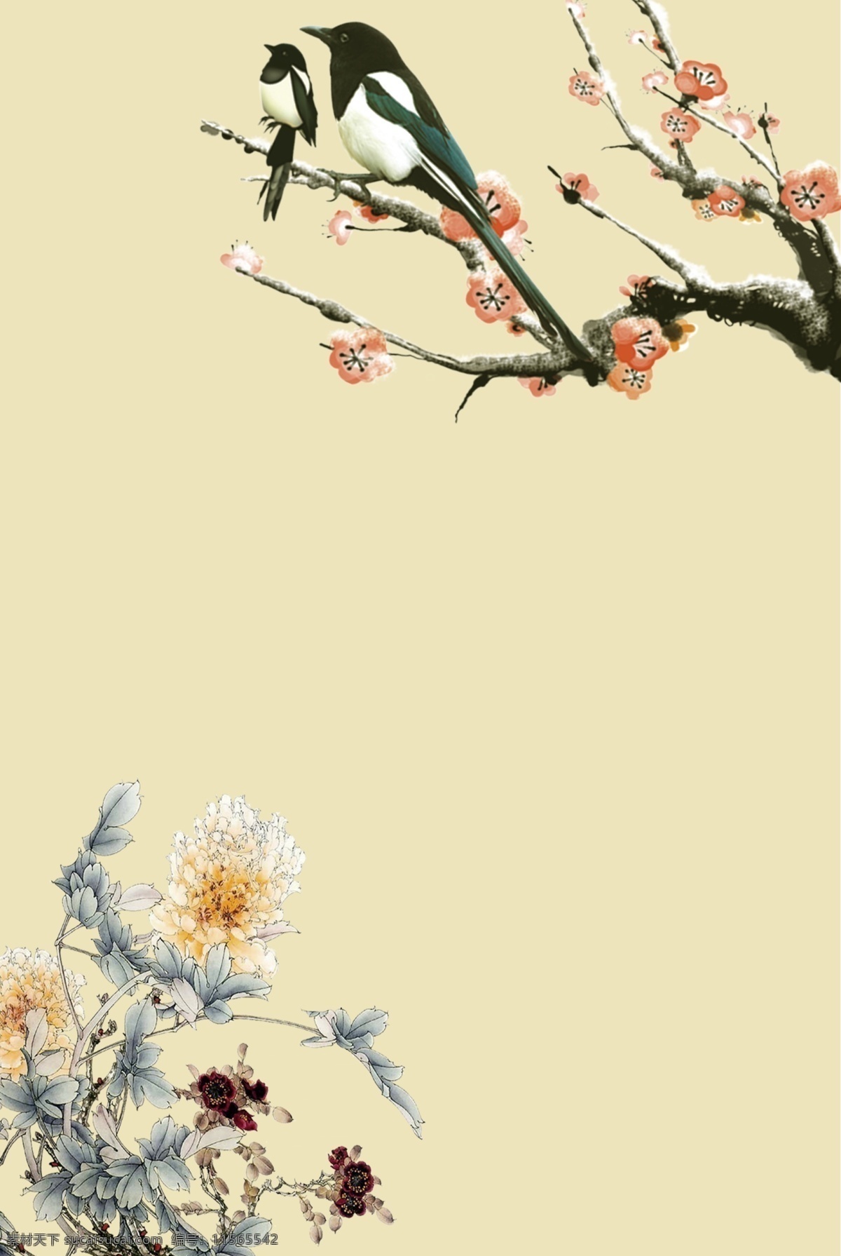 莫 蘭迪 中國 風 喜鵲 梅花 海報 莫蘭迪 簡約 文藝 清新 大氣 燕子 淡黃色