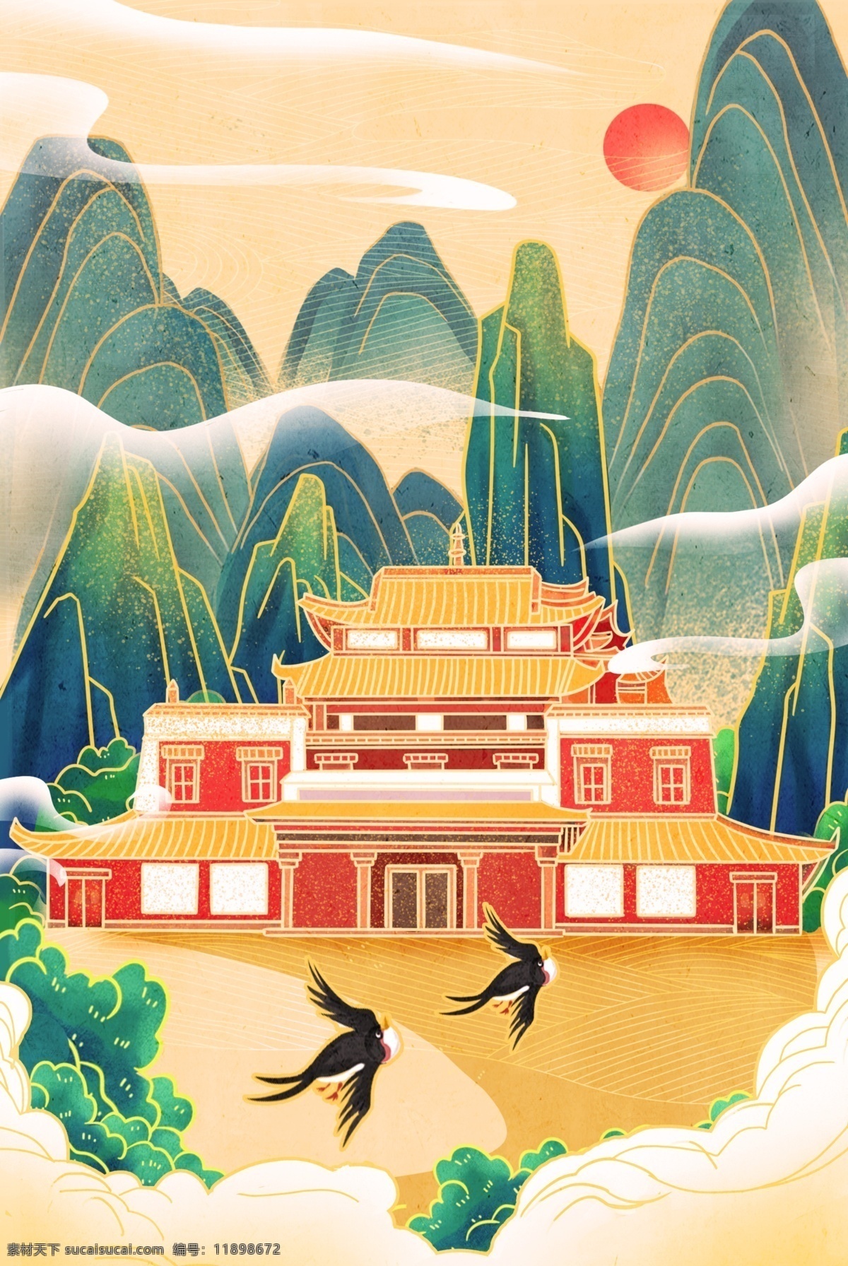 寺院 传统 复古 插画 背景 海报 素材图片 清新 类 分层