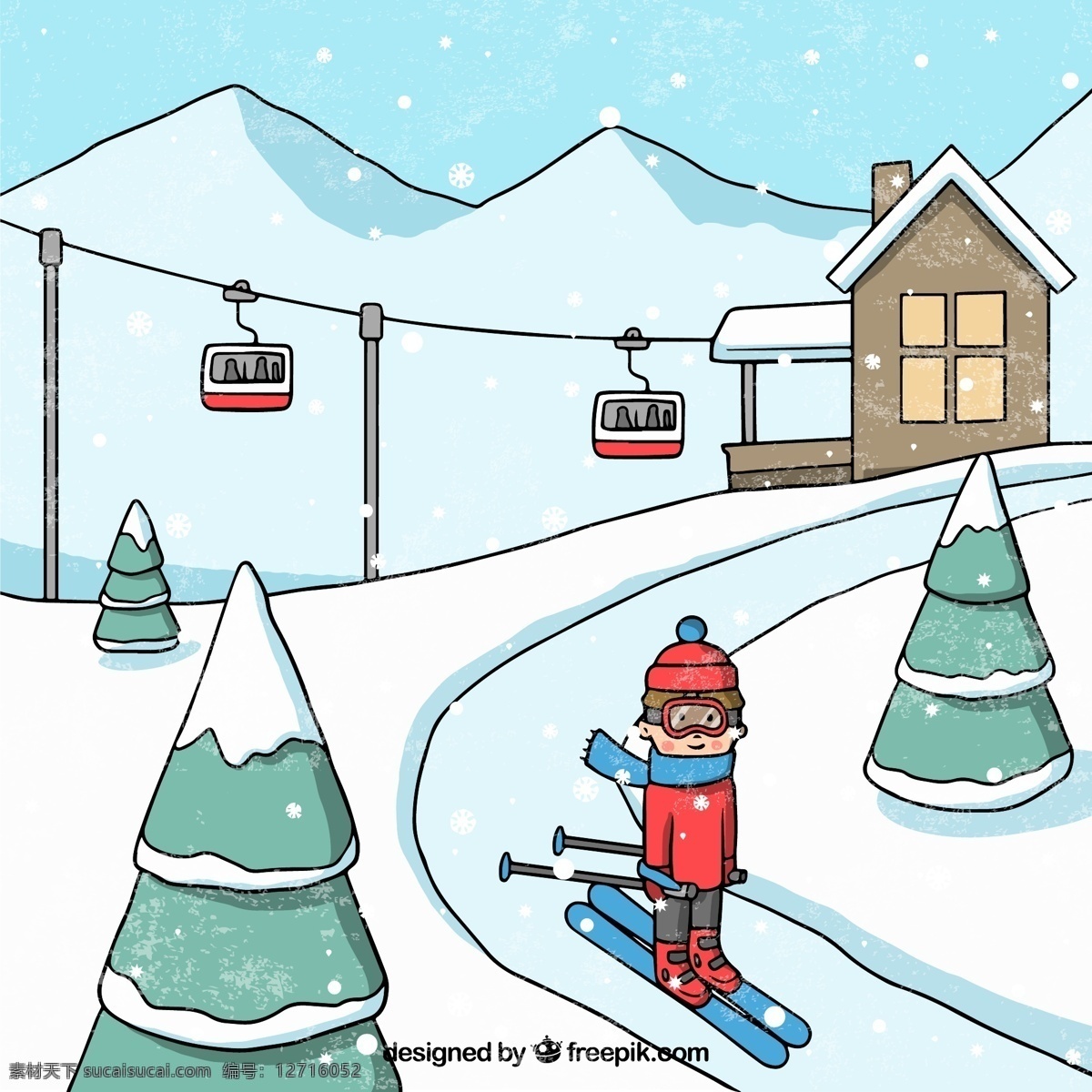 冬季 滑雪场 人物图片 雪花 雪山 松树 树木 滑雪缆车 矢量 高清图片