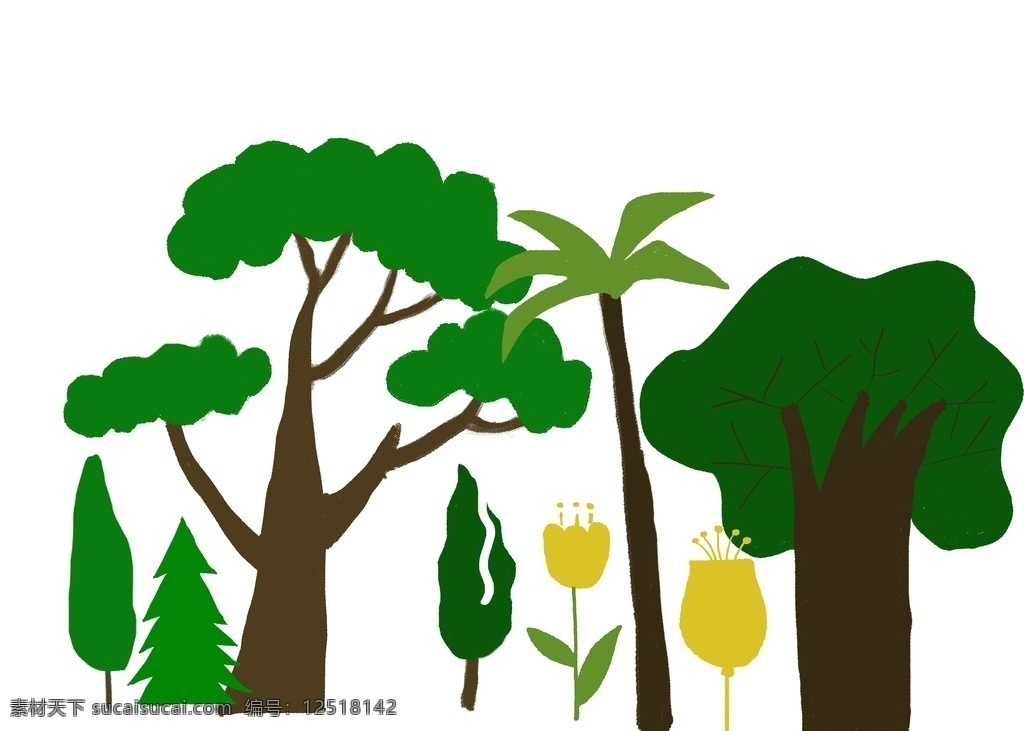 树木 树叶 手绘 插画 绿叶 简笔画 矢量图形图标 分层