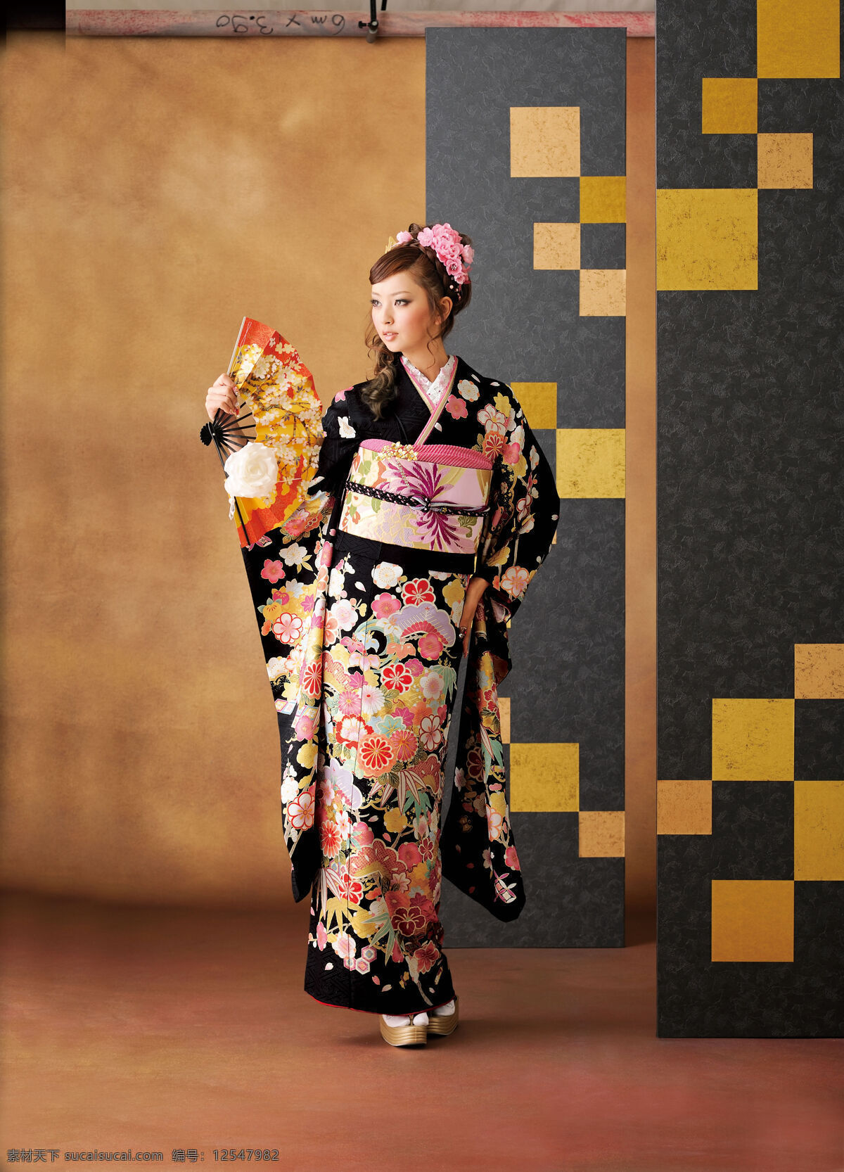 日本 和服 女性 写真 木屐 扇 折扇 女性女人 人物图库
